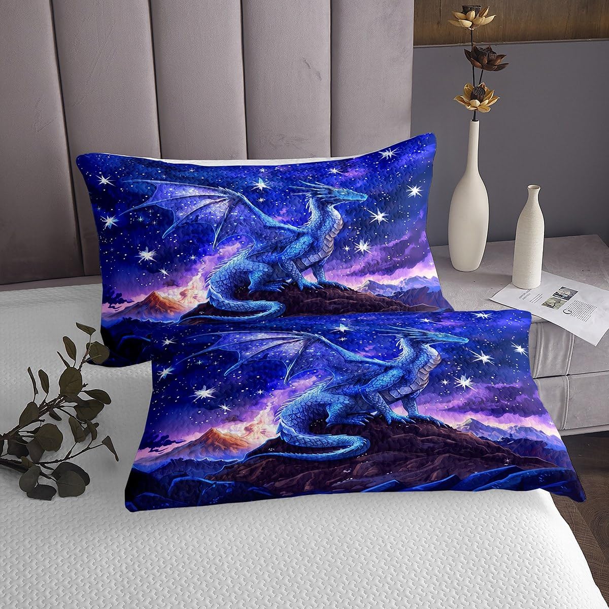 Homewish Dragon Bedspread Twin Size,Starry Sky Mountains Bedding Set for Kids Girls Boys Room Decor,Blue Purple Western Magical Coverlet Set 2Pcs,Wild Animal Trippy Quilt,1 Pillowcase