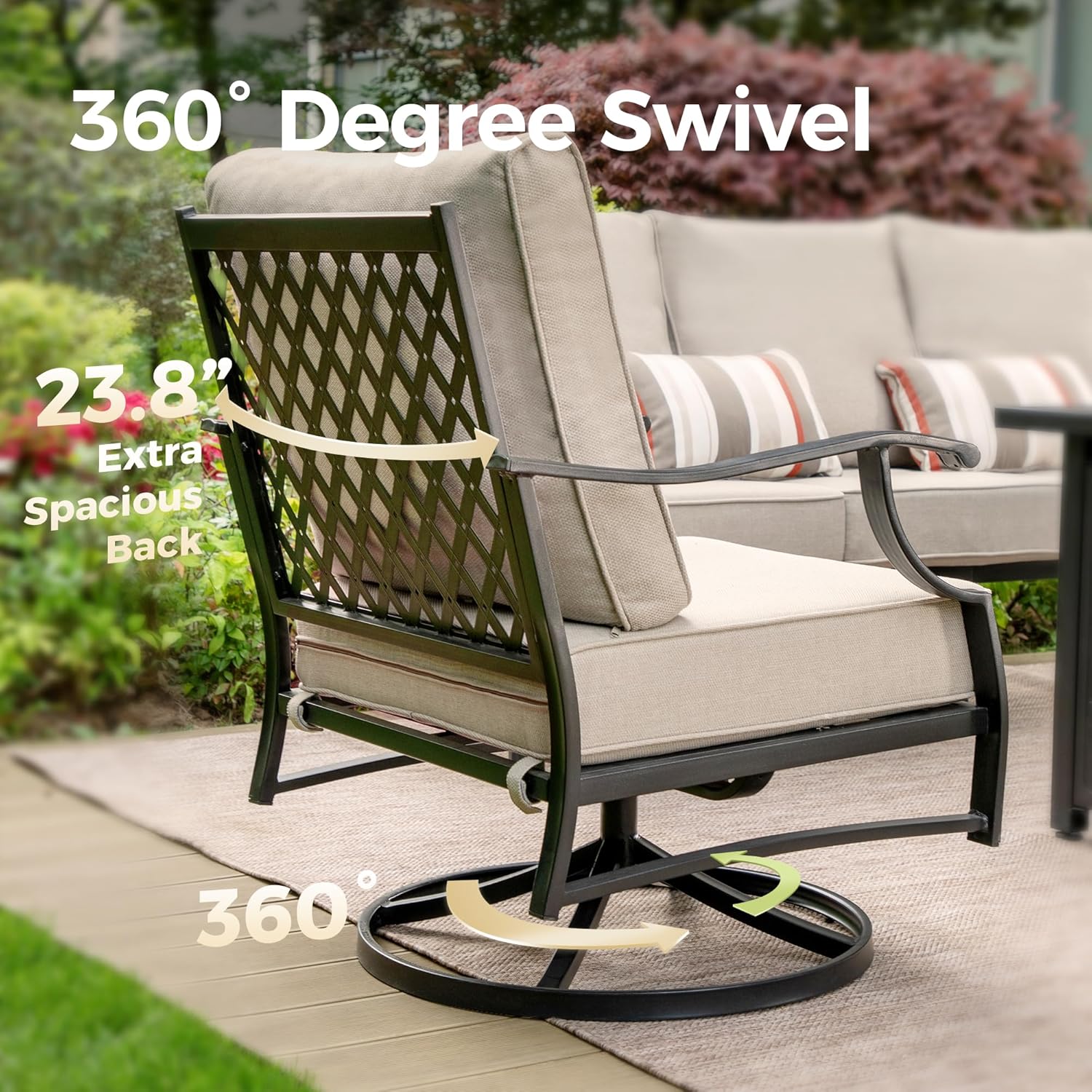 Swivel Patio Chairs Set of 2, High Back Outdoor Swivel Patio Metal Chairs with 5.75" Thick Cushions for Bistro Balcony Porch Deck and Yard, Beige