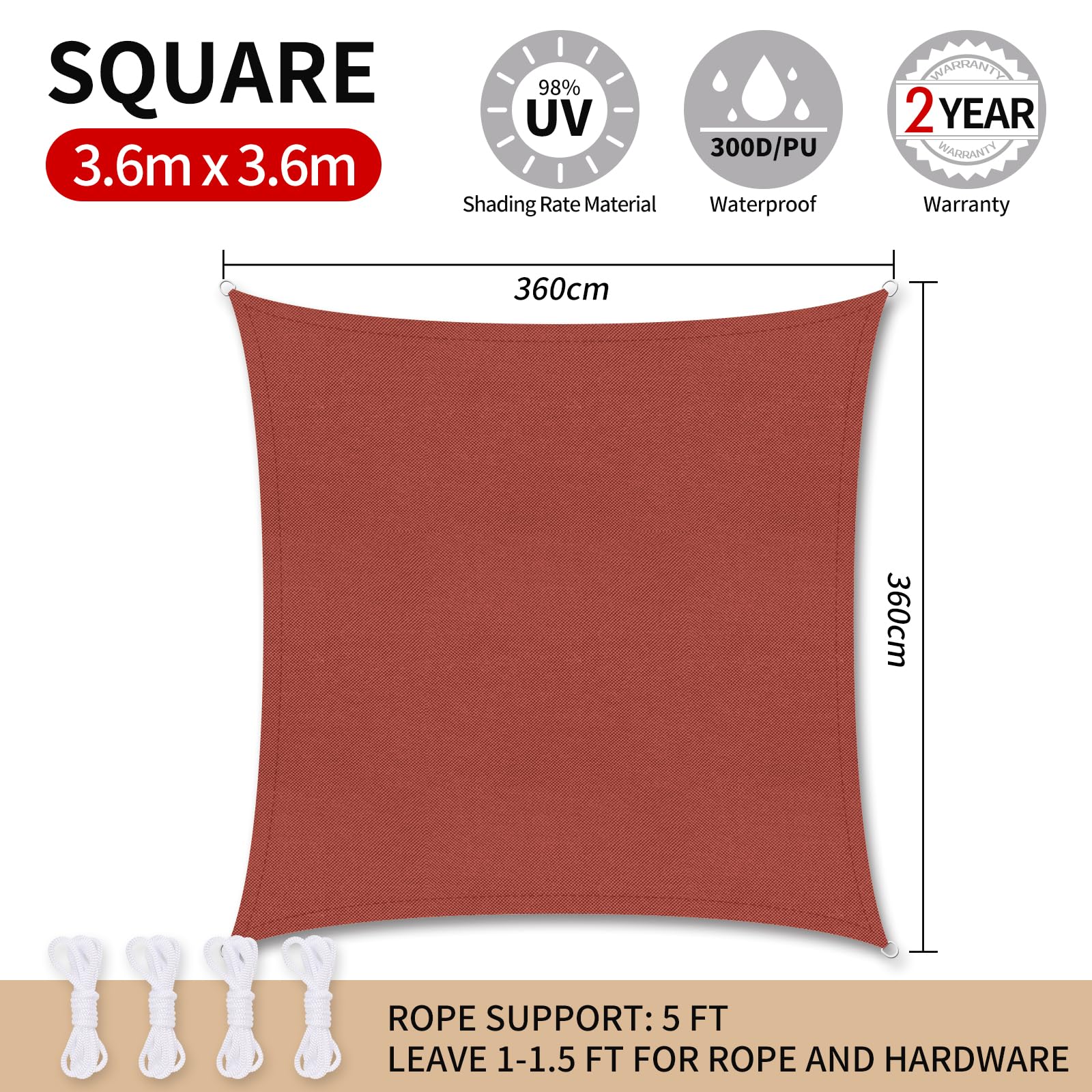 RICHIE Sun Shade Sail 3.6m x 3.6m Square Waterproof, 98% UV Block Awnings for Patios with Free Rope Sunscreen Awning Canopy - Image 2