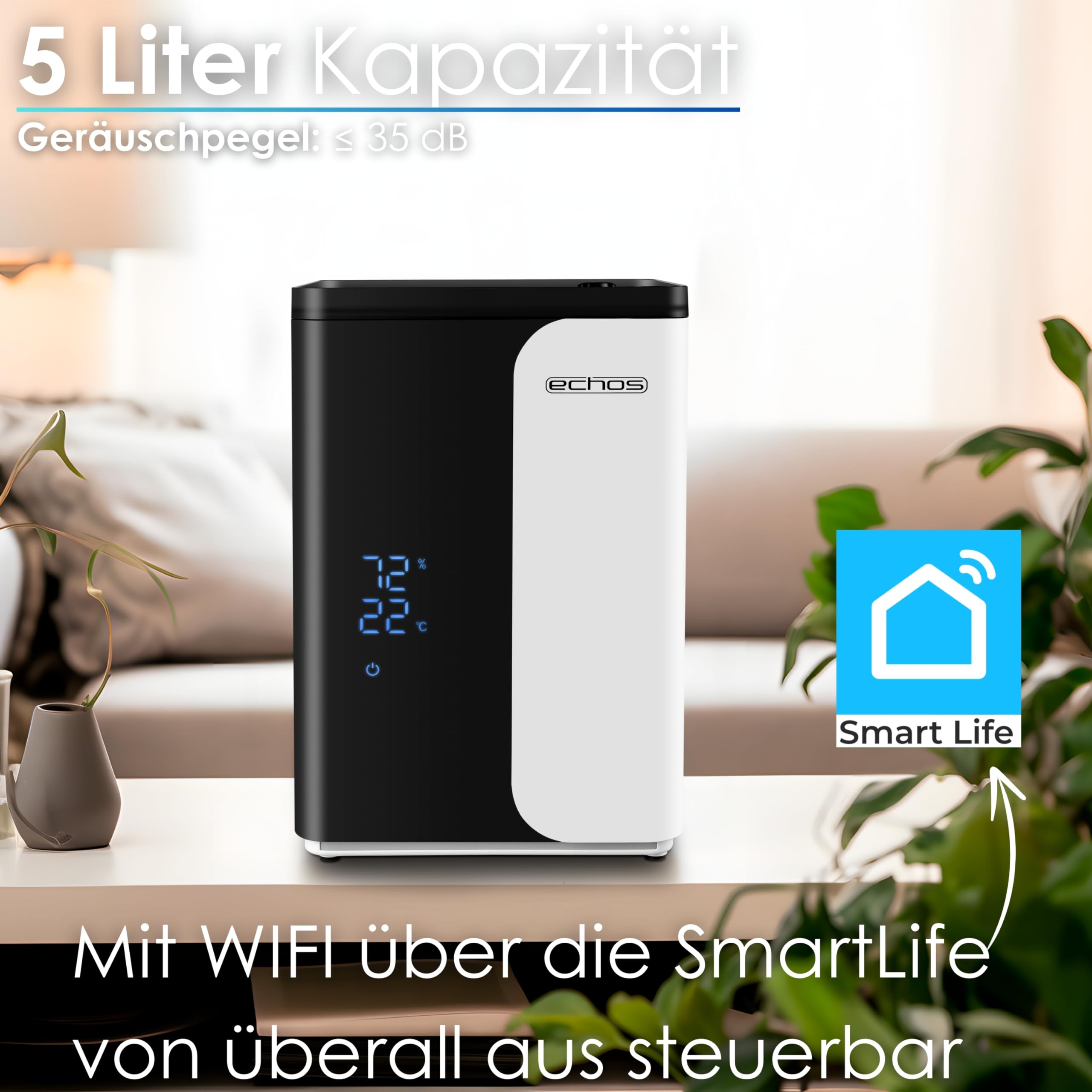 Umidificatore ad ultrasuoni 5 litri WIFI Smart Life App telecomando purificatore aria aria igrometro incorporato display touch LED 12h timer modalità notte caldo o freddo filtro HEPA