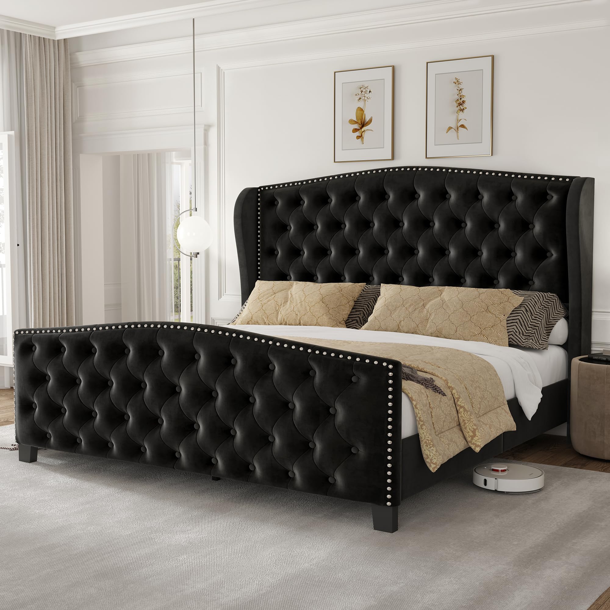 LARMACE Queen Velvet Wingback Bed Frame