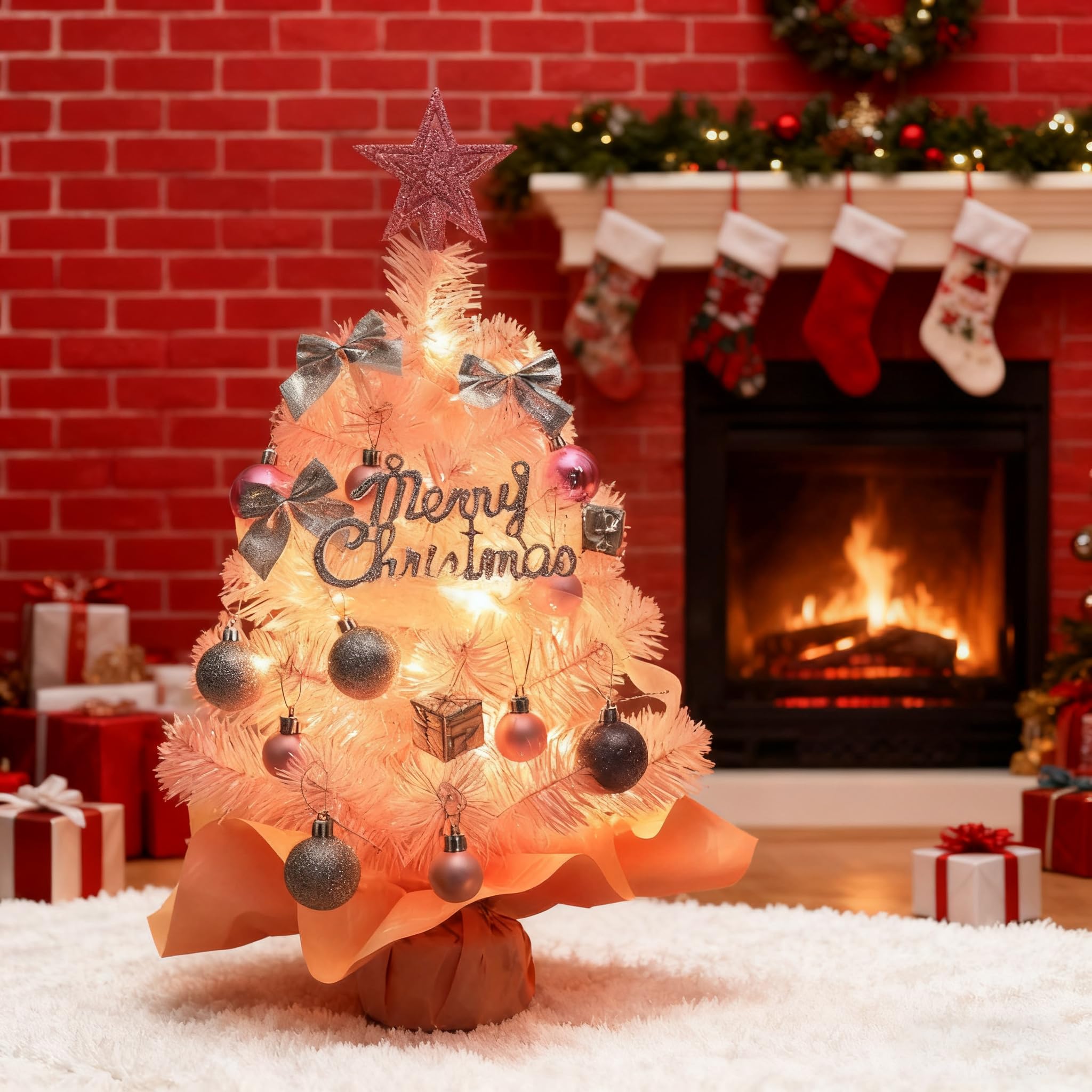 Small Christmas Tree 60cm Mini Christmas Tree with Lights Ornaments DIY Crafts Pink Baubles/Bow/Treetop Star for Xmas Tabletop Desktop Windowsill Home Decor (Pink)