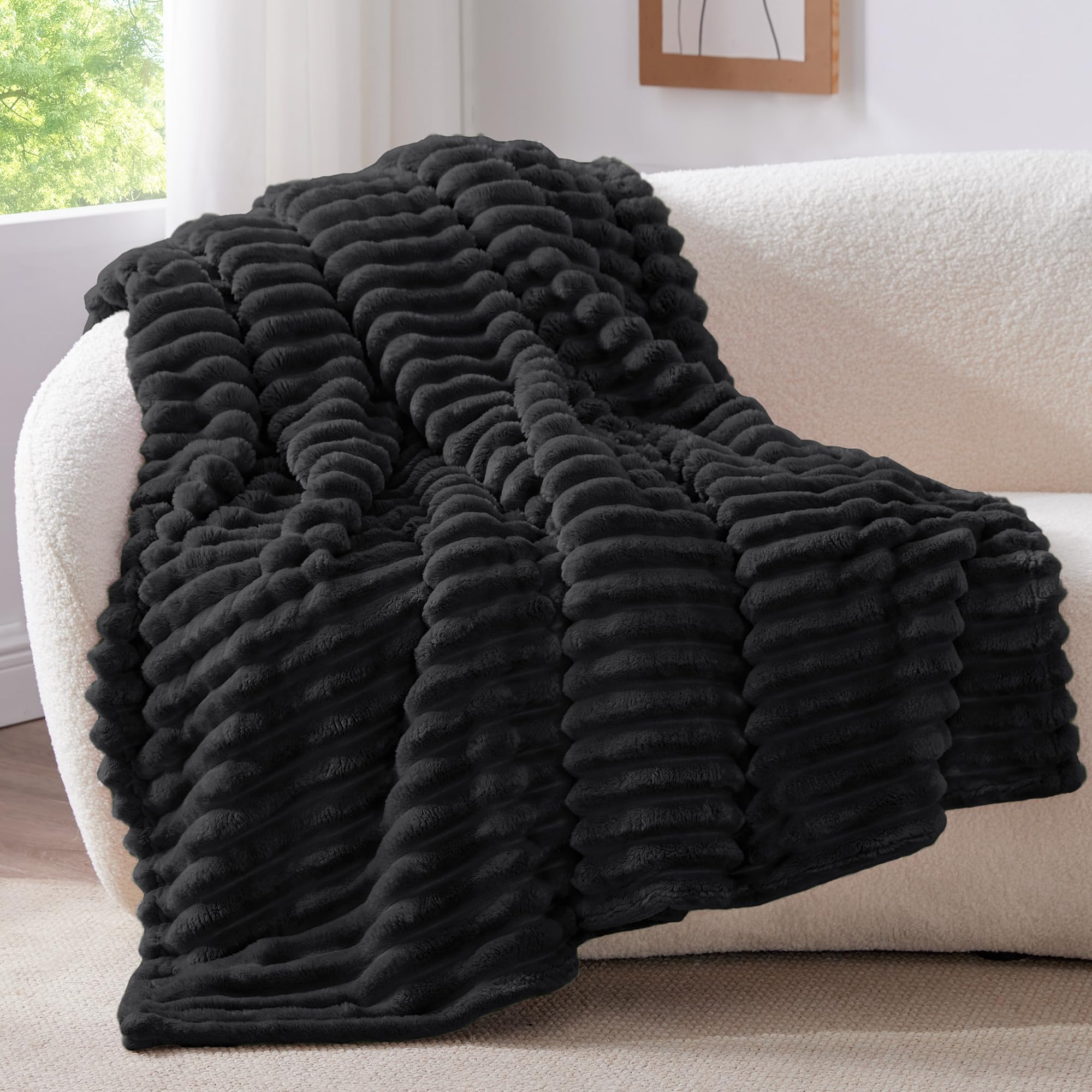 BEDELITE Fluffy Fleece Throw Blanket, Striped Decorative Soft Warm Gift for Sofa Bed Couch, Throw Size, Black
