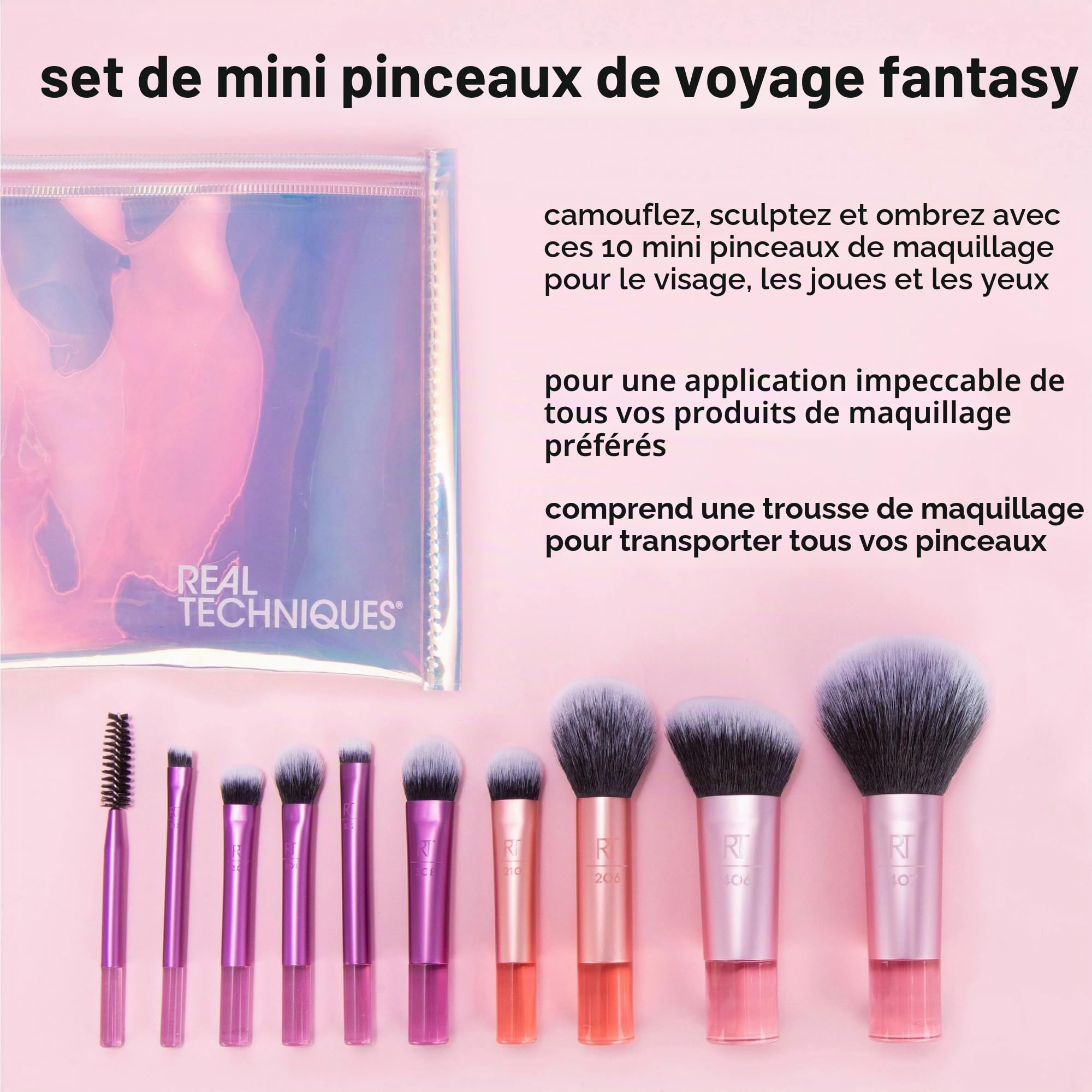 Real Techniques Kit de mini-pinceaux Real Technique Travel Fantasy, pinceaux de maquillage pour fard à paupières, surligneur, contour,ensemble de 11 pièces