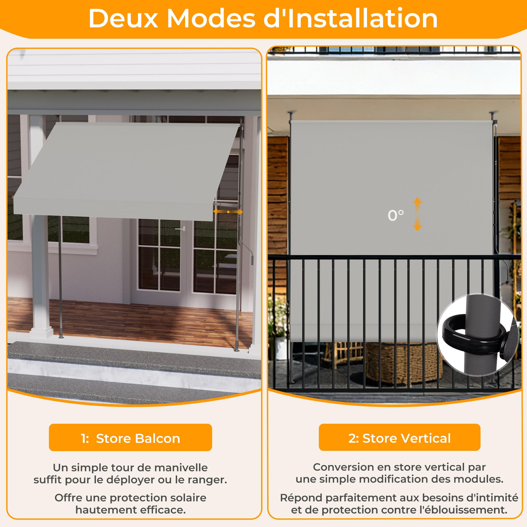 HOMEDEMO Store Balcon Rétractable avec poignée réglable, Résistant aux UV, Auvent Manuel Rétractable, Store Banne Hauteur et Inclinaison Réglable, pour Jardin, Patio Gris250 x (120-150) cm
