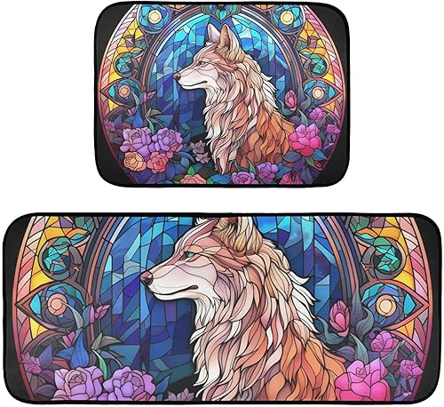 ZENWAWA Stained Glass Wolf Kitchen Mat 2 Pcs Set, Low Pile Kitchen Rugs Cushioned Water Absorbent Washable Floor Mats for Kitchen Sink Laundry Room
