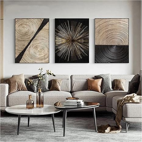 Amazon Co Jp ウォールアート 抽象レトロブラックゴールドウッドアートポスター木目調リング 年輪ラジアルラインキャンバス画像 フレームなし ホーム キッチン
