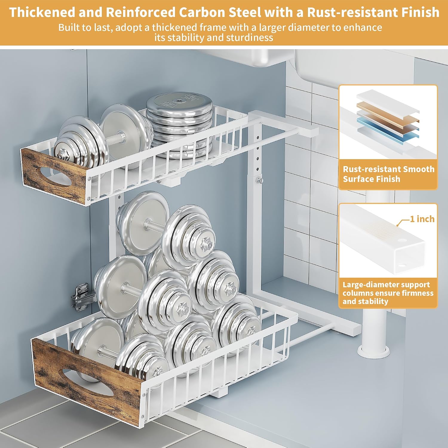 2 Pack Reinforced Metal Under Sink Organizer with Sliding Drawer, L-Shaped Adjustable Height Pull Out Cabinet Organizer with Wooden Handle, Under Bathroom Sink Storage for Kitchen, Pantry, White
