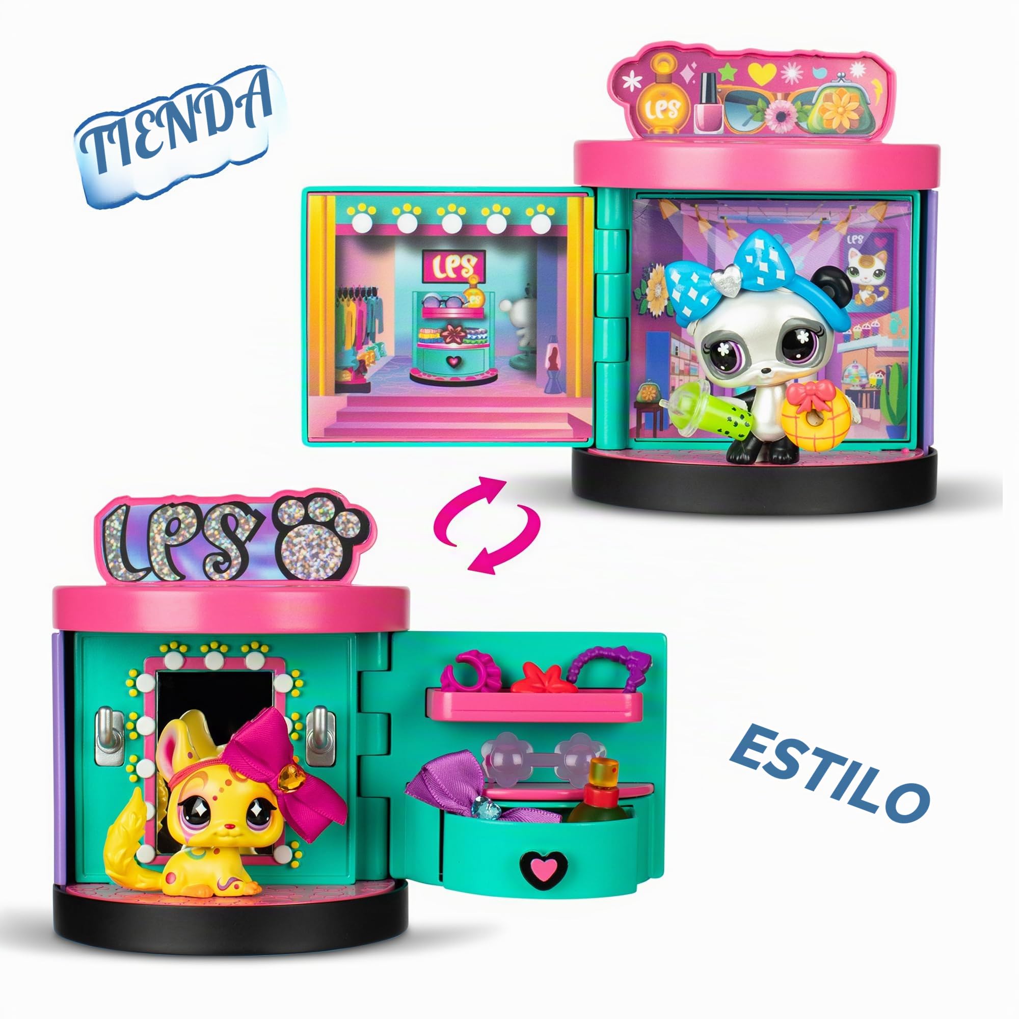 Littlest Pet Shop – Estuche Sweet and Style – Tienda 4 en 1 – Pack de 3 animales, 15 accesorios, 1 tarjeta, 1 código Roblox – Mini-Figurinas para animales coleccionables – Juguete infantil de 4 años y
