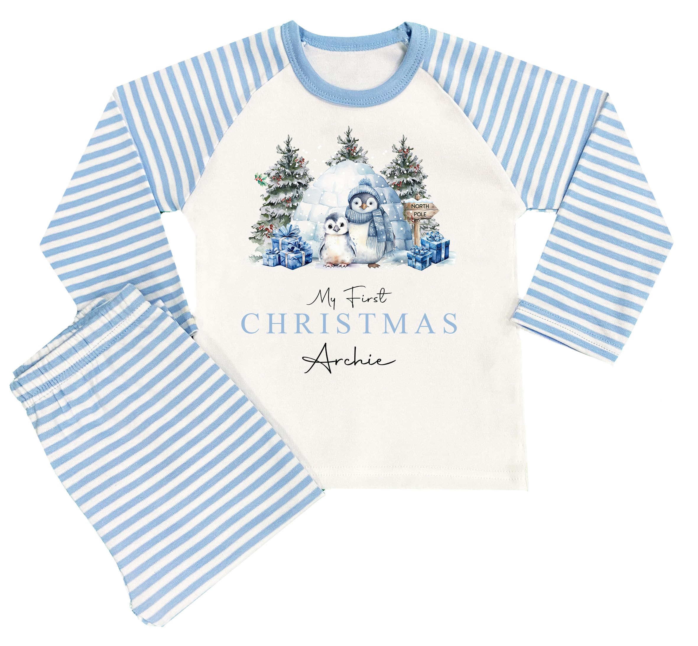 The Baby Box Uk Boys Blue My 1St Xmas Penguin Personalised First Christmas Pyjamas 1St Baby Xmas Pjs (, 6-12 Months)