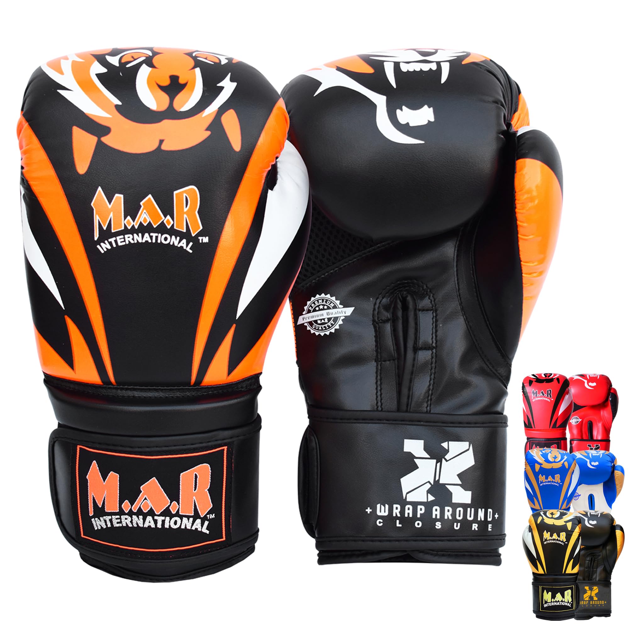 MAR | Black & Orange Tiger Print Boxing Gloves, Wrap Around Closure with Ventilation & Extended Cuff for Men Women & Kids, Training Fitness & Competition Gloves for Kickboxing, MMA, Muay Thai 8oz