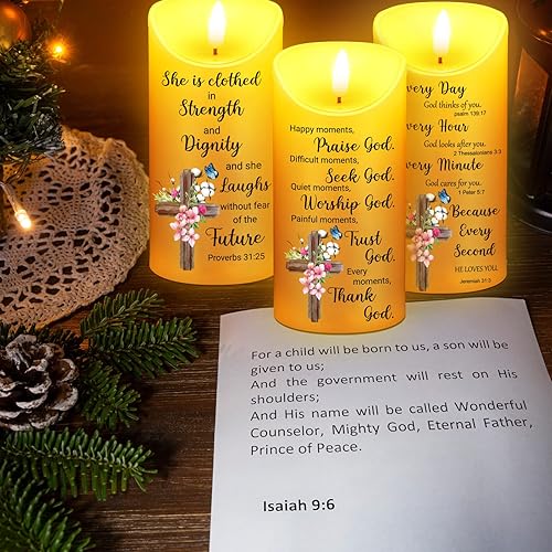Miniatura 3 de 3 velas sin llama con versículo bíblico de flores funciona con pilas regalos cristianos para mujeres velas LED inspiradoras parpadeantes para