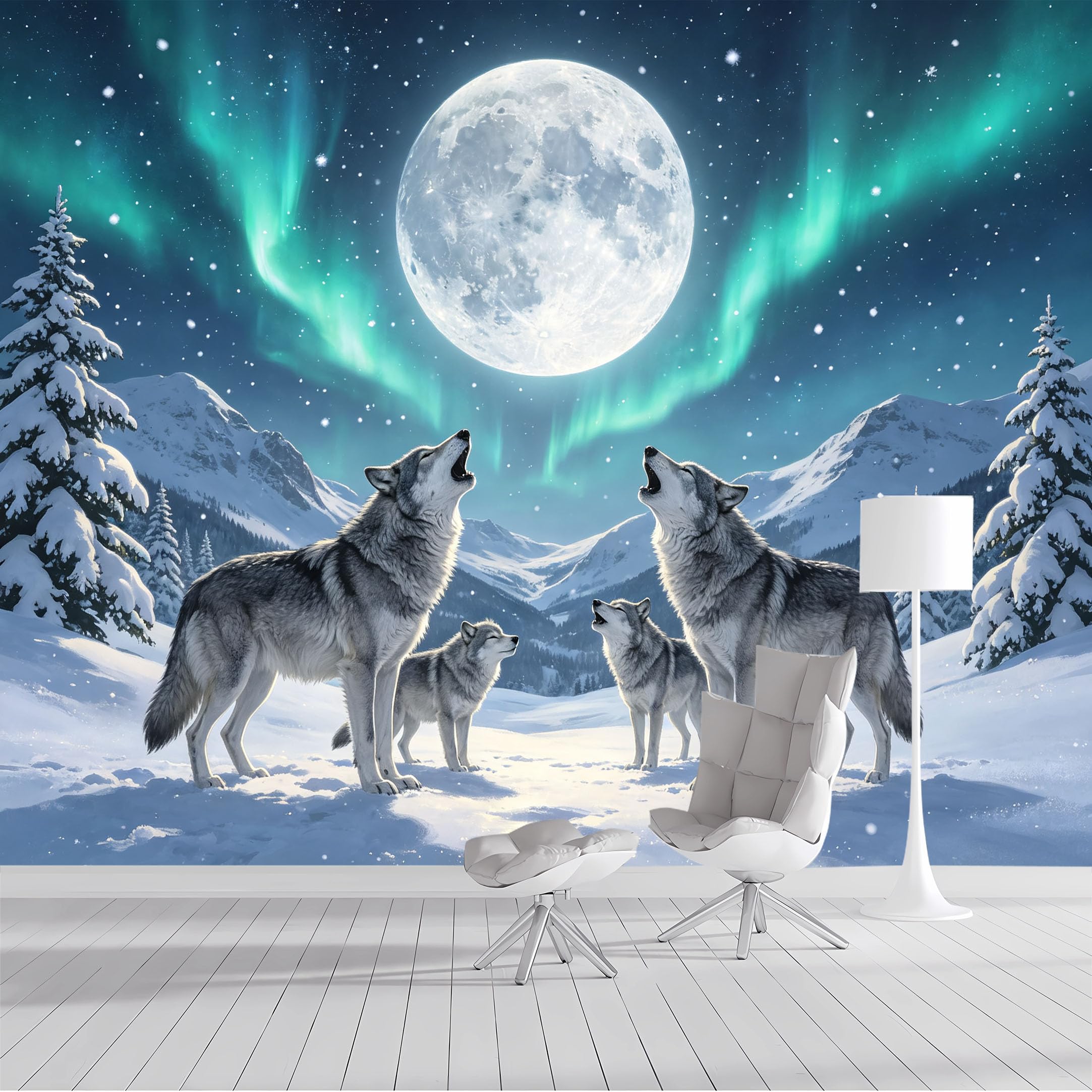 Yzpallescene Bh260711076 Custom Size Wall Mural Aurora Wolf Snowy Peaks Selfadhesive Wall Fabric Removable Peel And Stick Wallpaper Wall Decor For Living Room Bedroom Bathroom