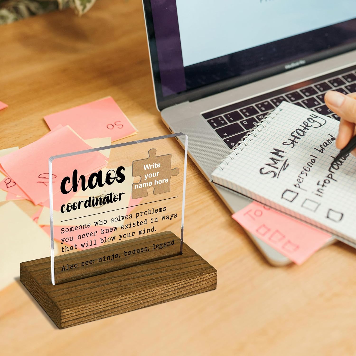 Chaos Coordinator Acrylic Desk Sign with Puzzle Piece, Personalized Funny Gift for Boss Coworker Teacher, Office Desk Humor Decor, Appreciation Keepsake for Women Men with Vintage Brown Wooden Base - FSG502 - Image 3
