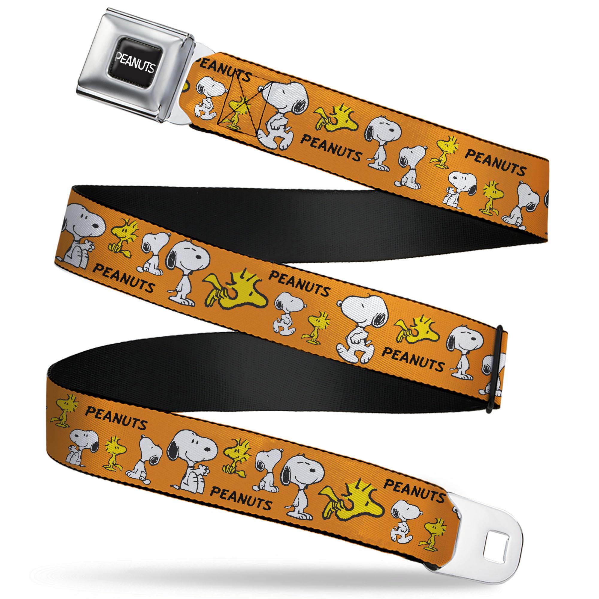 Peanuts Belt, Seatbelt Buckle Belt, Peanuts Snoopy and Woodstock Poses Collage Orange, Adjustable, Orange, Yellow, White, 1.0" Wide - Fits Pant Size 20-36