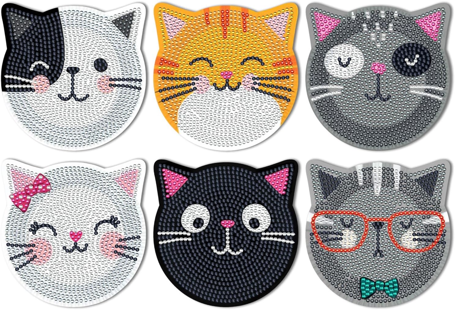 Neknock 6Pcs Cat Diamond Art Coasters Kit, DIY Diamond
