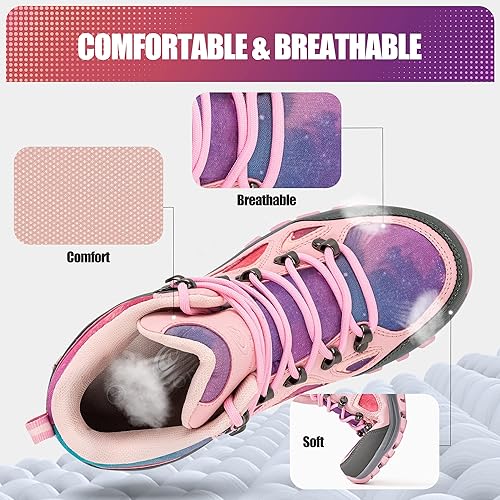 Miniatura 4 de Botas de senderismo para niños, botas de senderismo para niñas, botas de senderismo para niñas, cierre rápido con cordones, suela duradera de