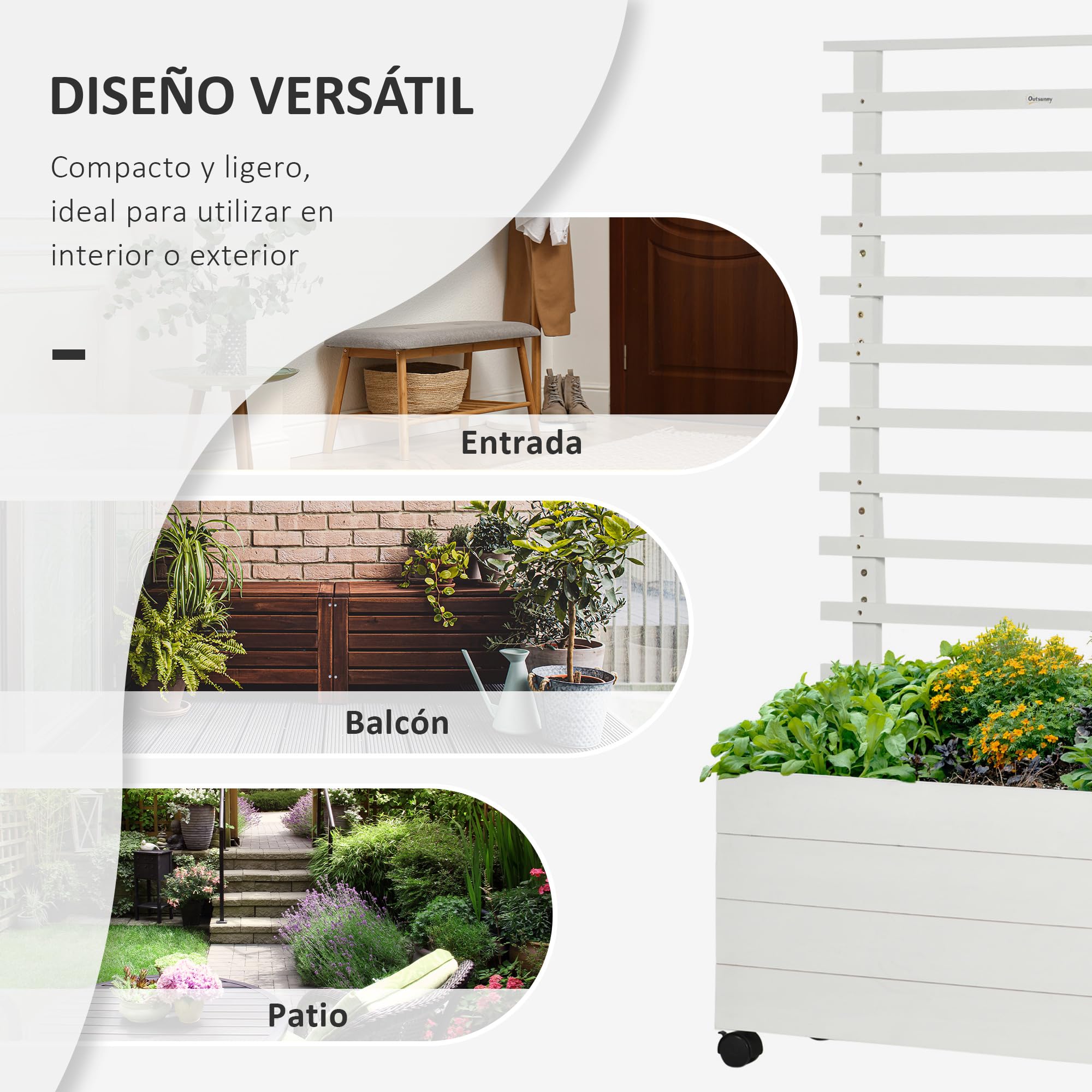 Outsunny Jardinera con Enrejado de Madera Macetero de Jardín con 4 Ruedas Soporte para Trepadora y Tela no Tejida para Cultivos Plantas Verduras en Exterior 76x30x155 cm Blanco
