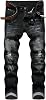 AITITIA Mens Biker Zipper Deco Washed Straight Fit Jeans