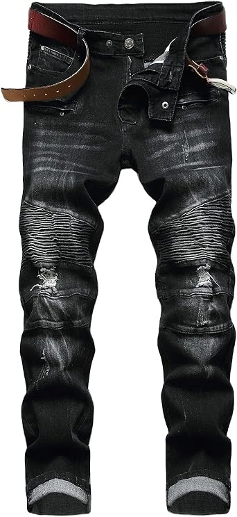 AITITIA Mens Biker Zipper Deco Washed Straight Fit Jeans