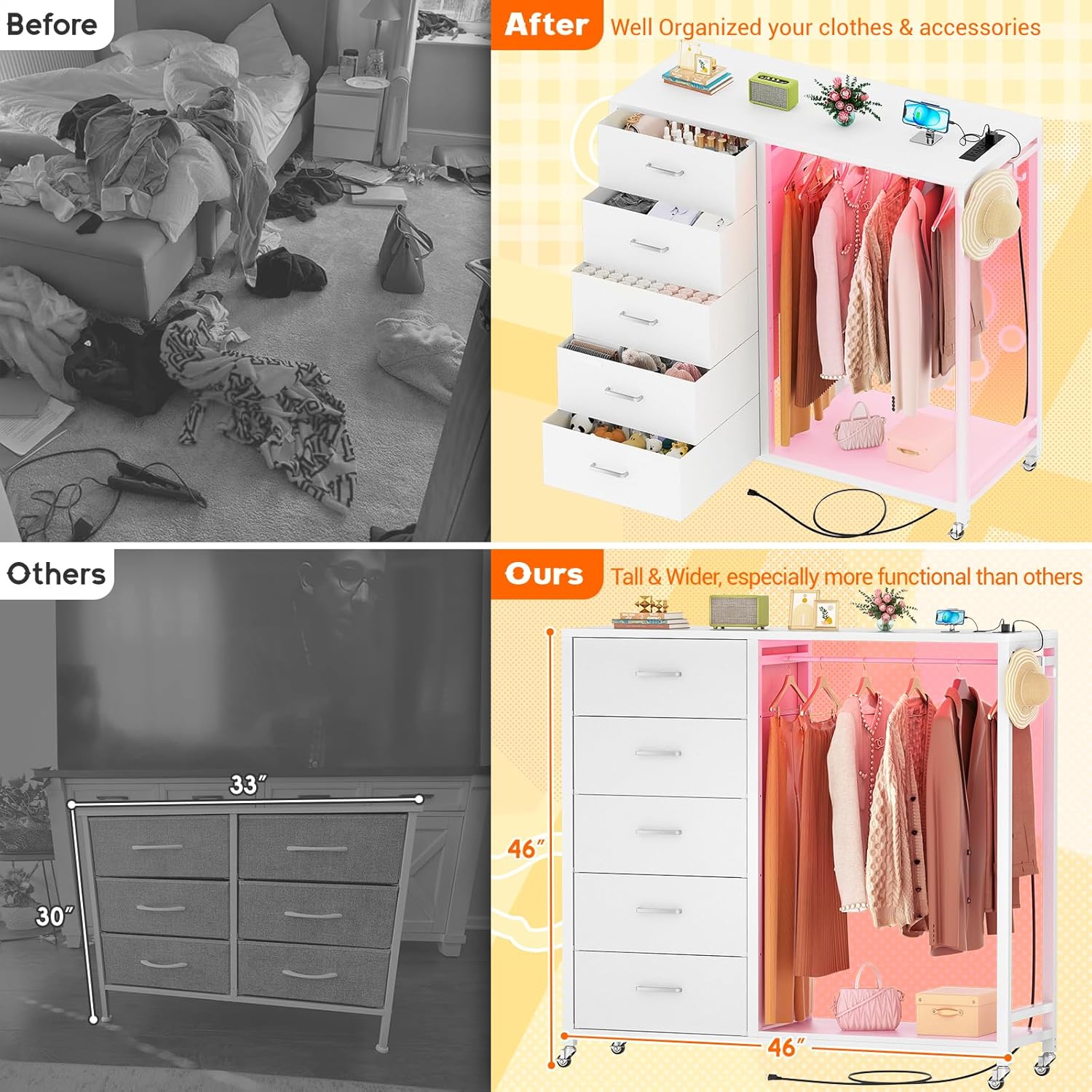 Cyclysio Dresser with Hanging Rack, 5 Fabric Drawers Dresser with Clothes Rack, Wooden Top Storage Chest of Drawers with Charging Station & LED Lights, Lockable Wheels, Closet