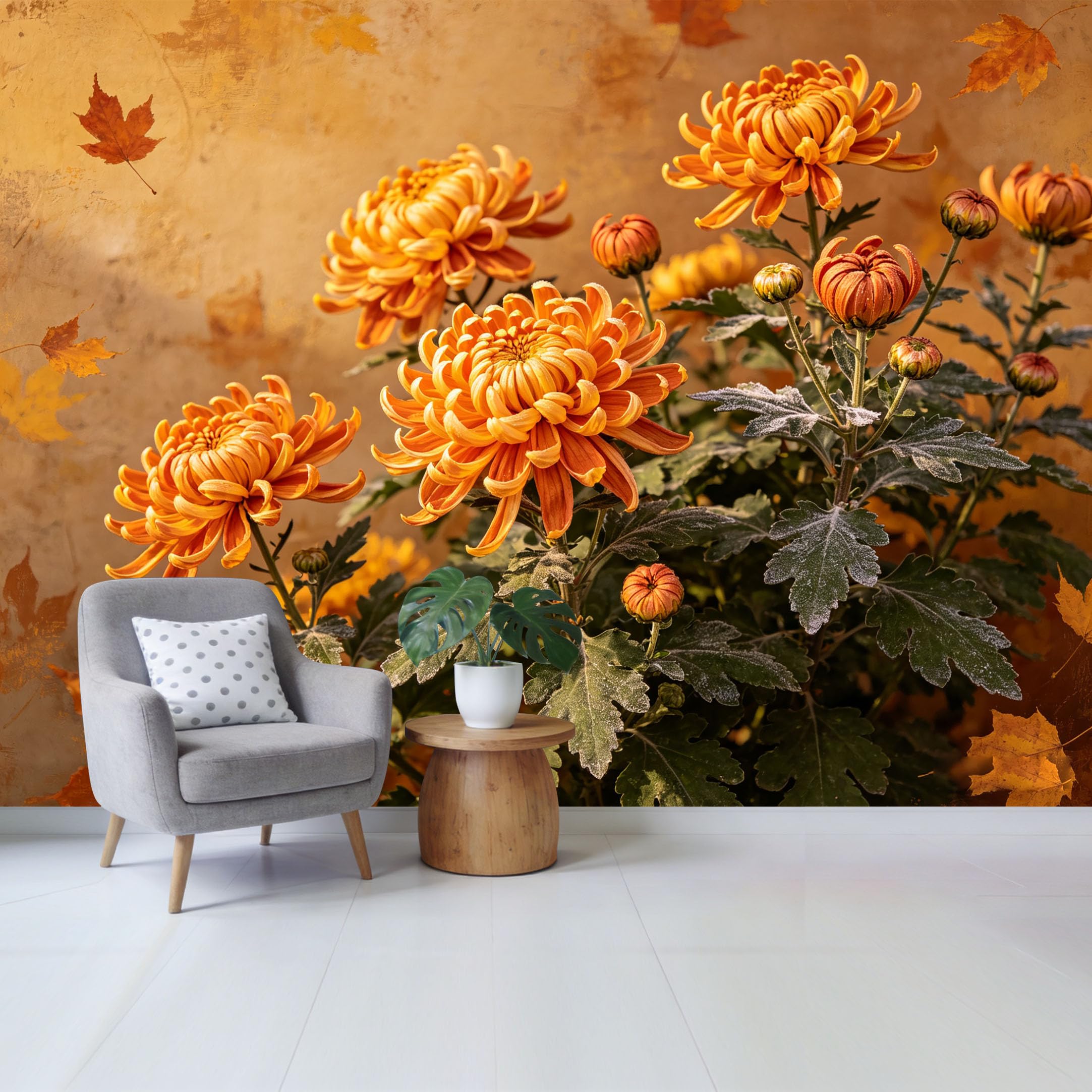 Qzlithotic Yq2605250778 Custom Size Wall Mural Orange Chrysanthemum Flowers Falling Maple Leaves Botanical Oil Painting Selfadhesive Wall Fabric Removable Wallpaper For Home Office Decor