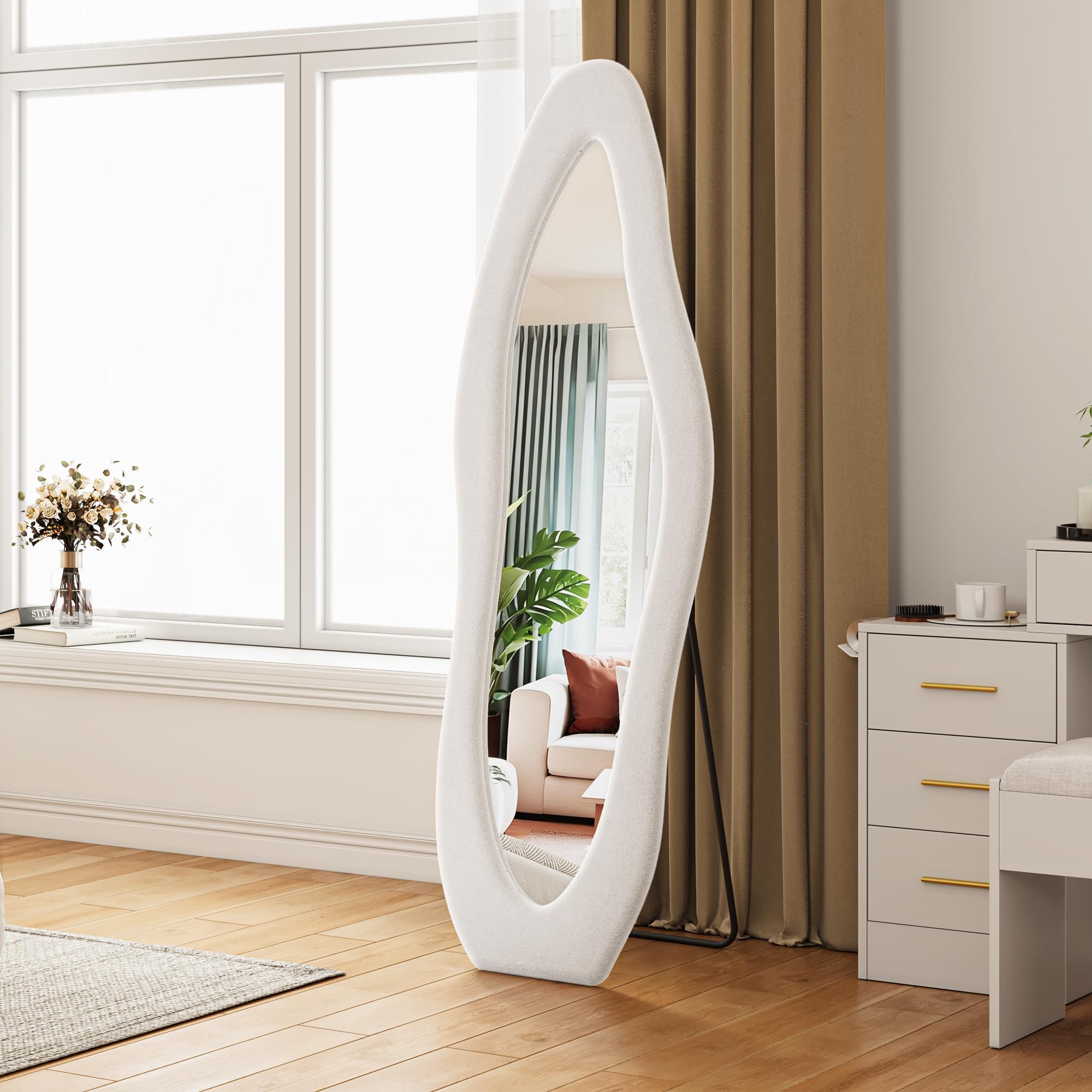 Miroir intégral 160 x 50 cm, asymétrique ondulé avec cadre en flanelle blanche, debout, suspendu, incliné, grand miroir mural pour chambre à coucher, dressing, salon