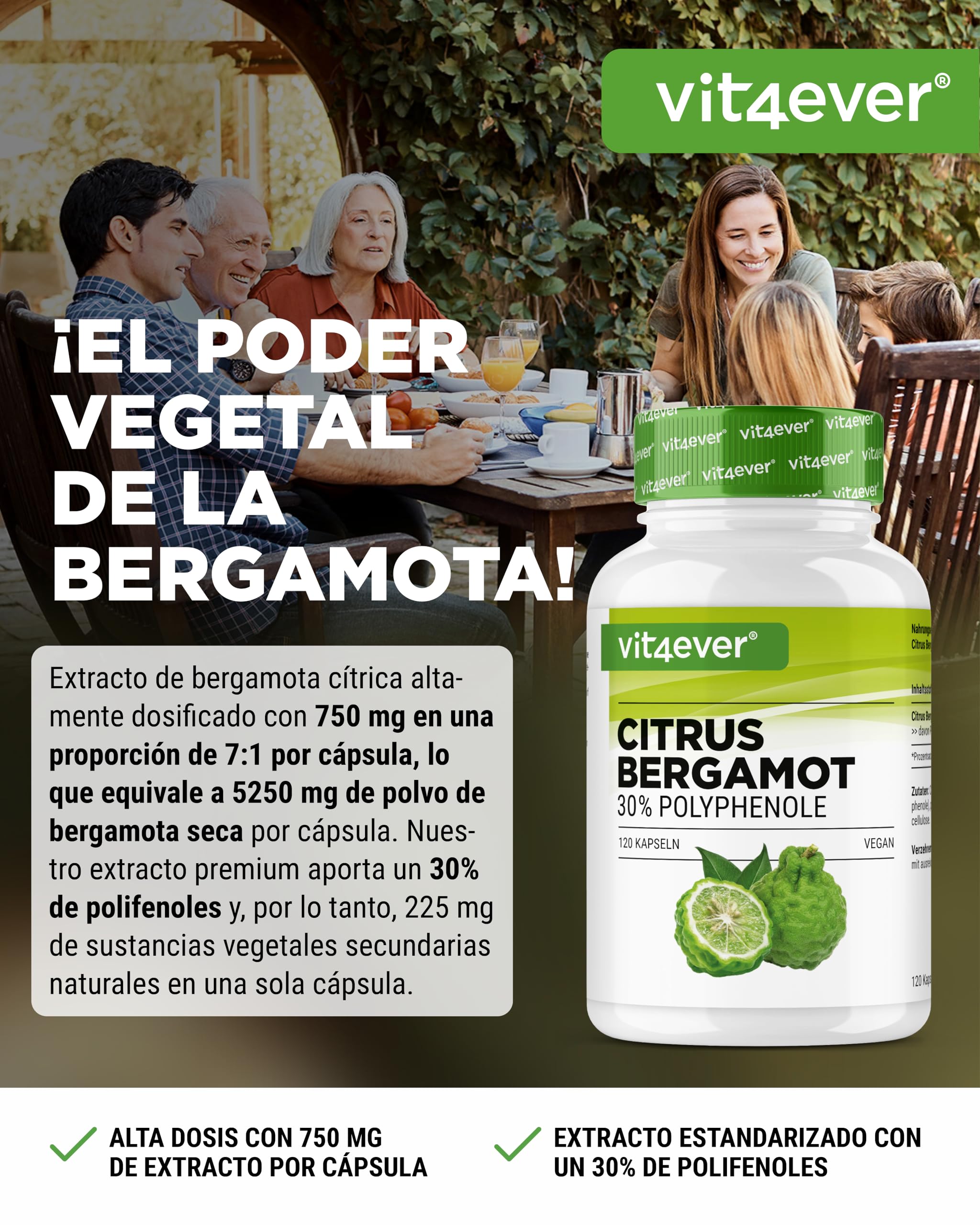 Bergamota cítrica (Citrus bergamia) - 120 cápsulas de alta dosis con 750 mg de extracto por cápsula - Premium: 30% polifenoles - Cruce entre cidra y naranja amarga - Vegano, sin aditivos innecesarios