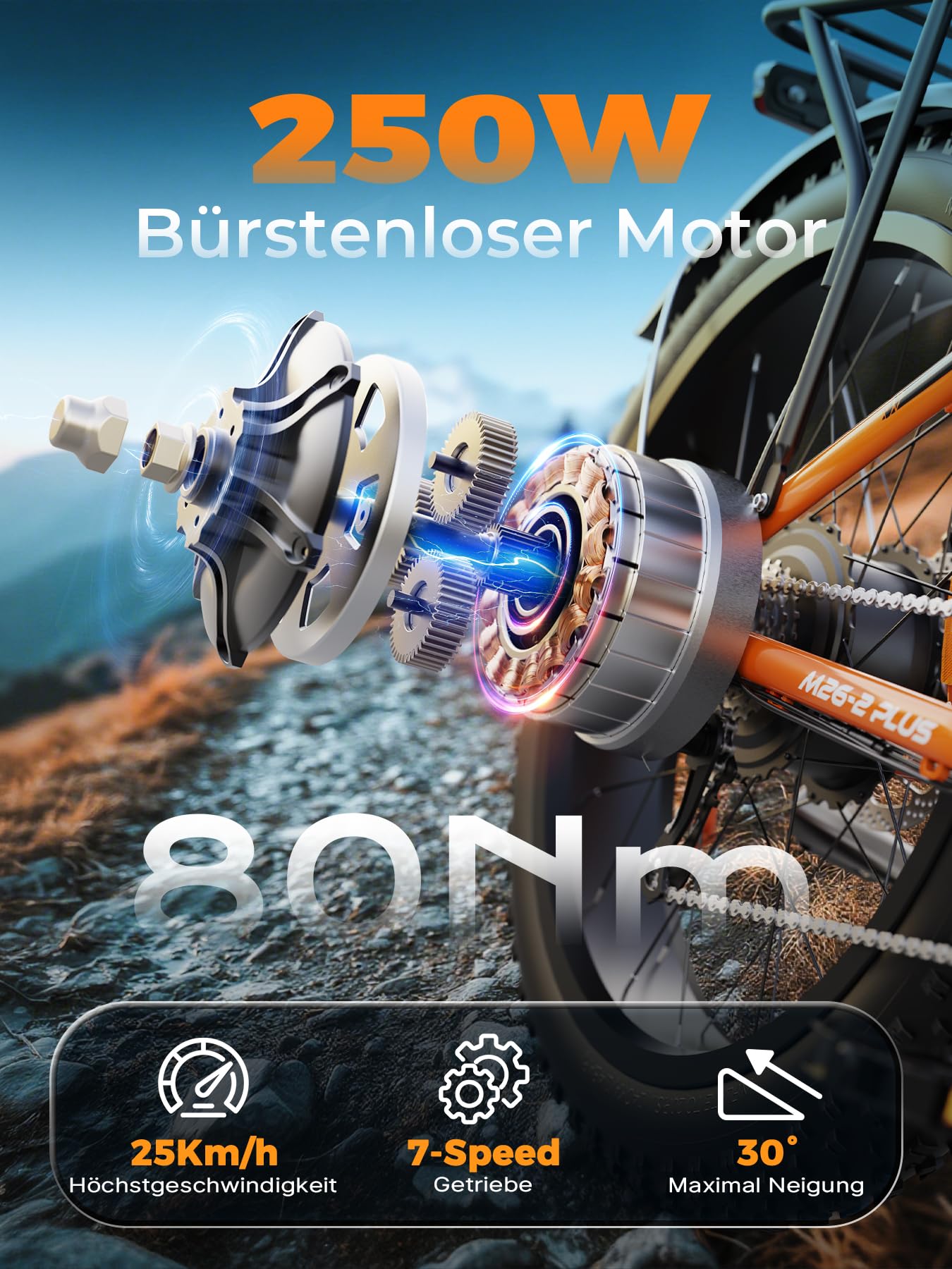 VARUN E Bike, E-Bike Herren mit 26 * 4.0" Fat Tire, 48V 18AH Akku, Bis zu 150 KM, 85Nm 250W Motor, 25KM/H, Offroad Ebike Mountainbike mit 7-Gang, All-Terrain Elektrofahrrad Herren, EU-Konformes