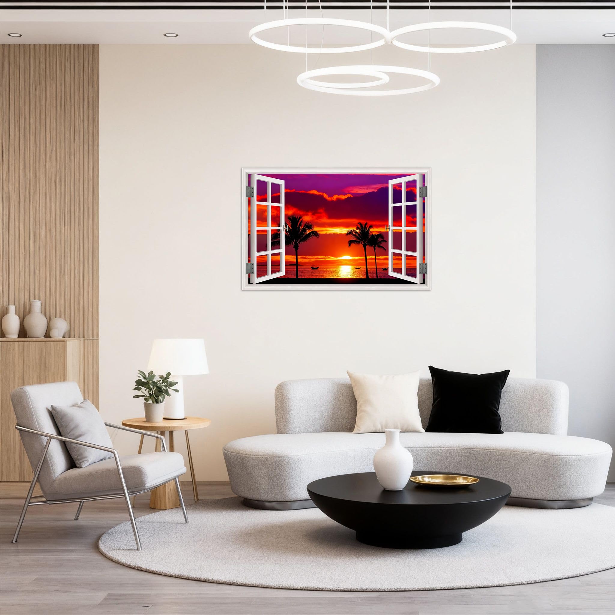 SDYSKKUG Fensterblick Landschaftsbilder. PalmenBaum Meer Sonnenuntergang. Natur Druck auf Leinwand. Leinwandbild für Wohnzimmer Wanddekoration 120x80cm Ungerahmt