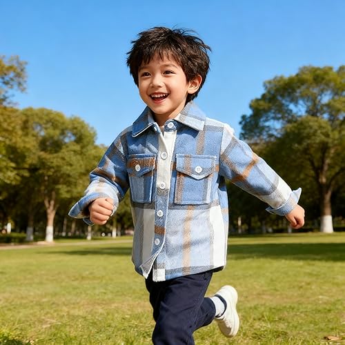Miniatura 8 de Feidoog Paquete de 2 camisas a cuadros para bebé, niños y niñas, con manga larga, solapa, botones, estilo chaqueta, ropa de uso exterior