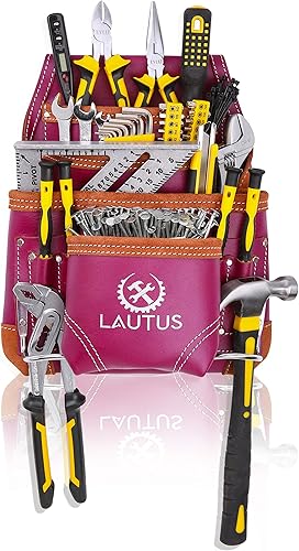 Miniatura 2 de LAUTUS Bolsa de herramientas de cuero curtido al aceite | Borgoña | Carpintero, construcción, enmarcadores, manitas | 10 bolsillos, 2 soportes para