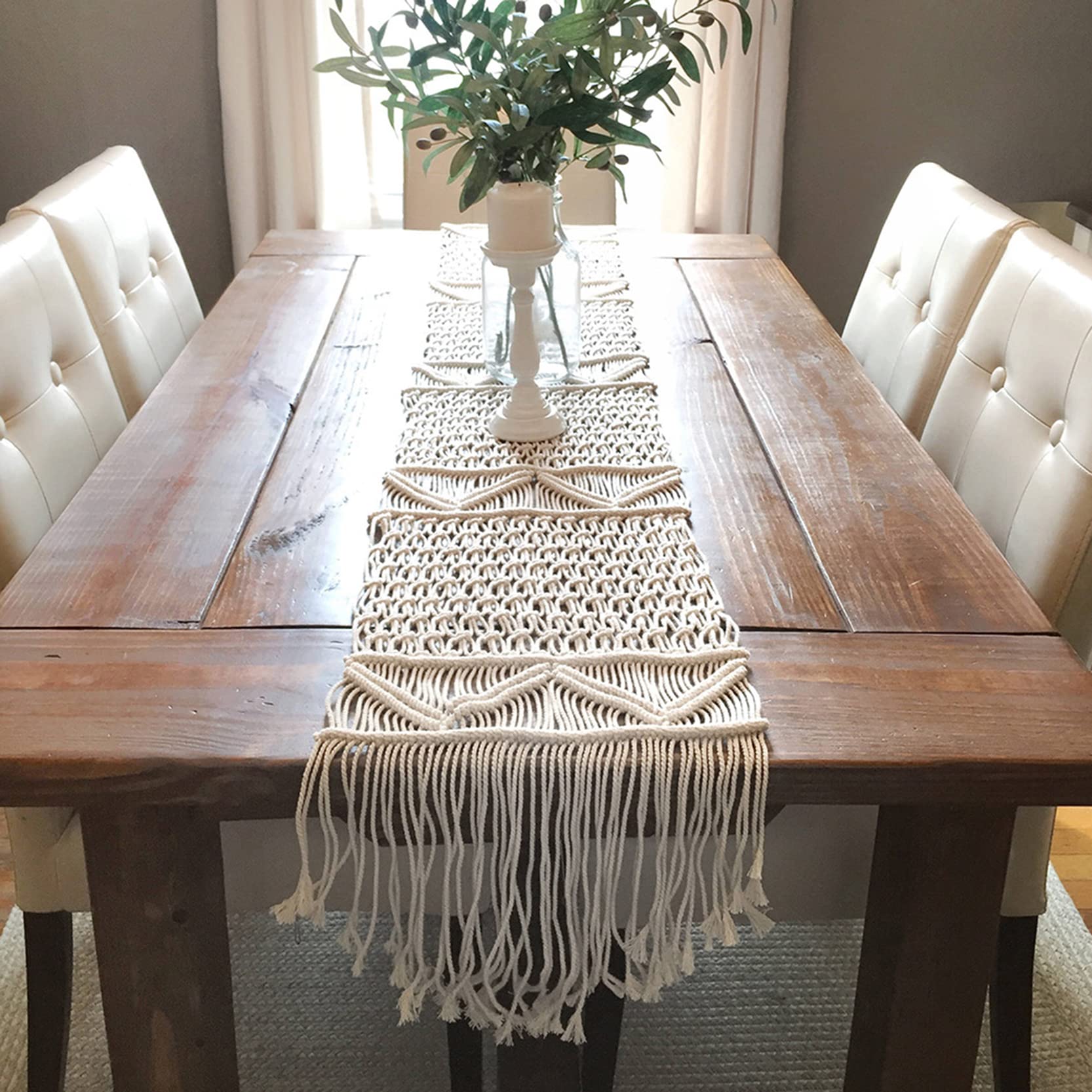 Makramee Tischläufer Lange Boho-Dekor, Handgefertigte Tischläufer mit Quasten 100% natürliches Baumwollseil, für rustikale Küche Esszimmer Couchtisch Dekoration,Beige-35x220cm