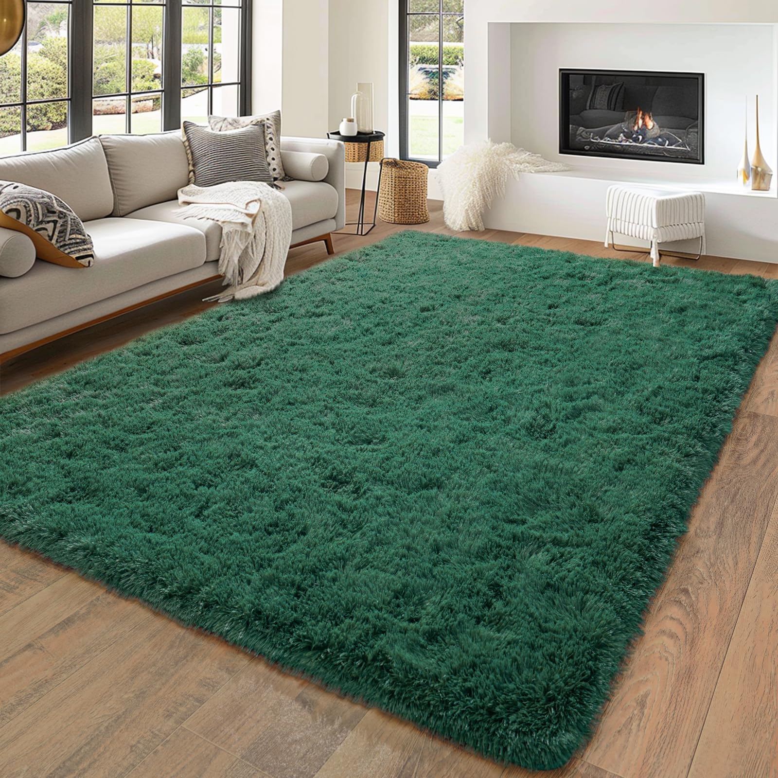 Super Fluffy Area Rug for Bedroom, 4x6 Feet Modern Shag Green Rugs, Soft and Cozy Plush Carpet for Kids,Girls Boys and Teens Decorations for Living Room Dorm Nursery Classroom, Dark Green