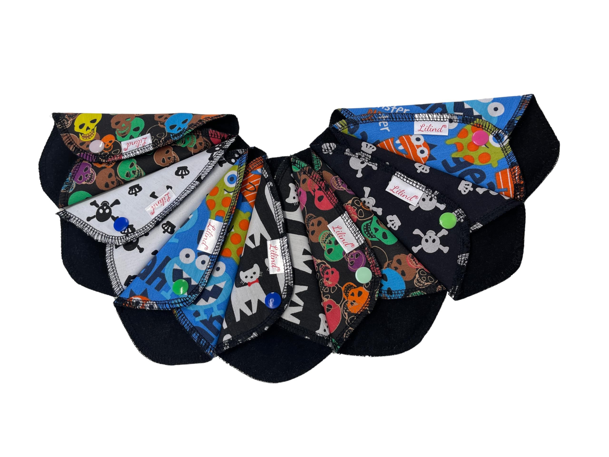 Lilind® 7 Pack Thong Pantyliners, Black Cloth Pads 100% Cotton Reusable Menstrual Sanitary Napkins, Free Wet Bag, Complete Set, Zero Waste