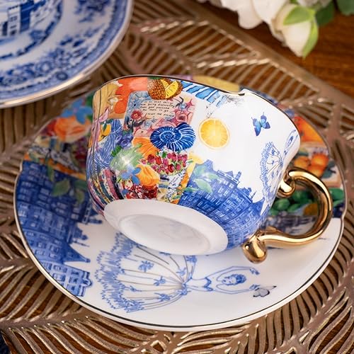 Miniatura 6 de KAMMAK Juego de 2 tazas de té y platillos, tazas de café de porcelana fina de hueso, tazas de espresso apilables de 8.5 onzas, demitasse de cerámica