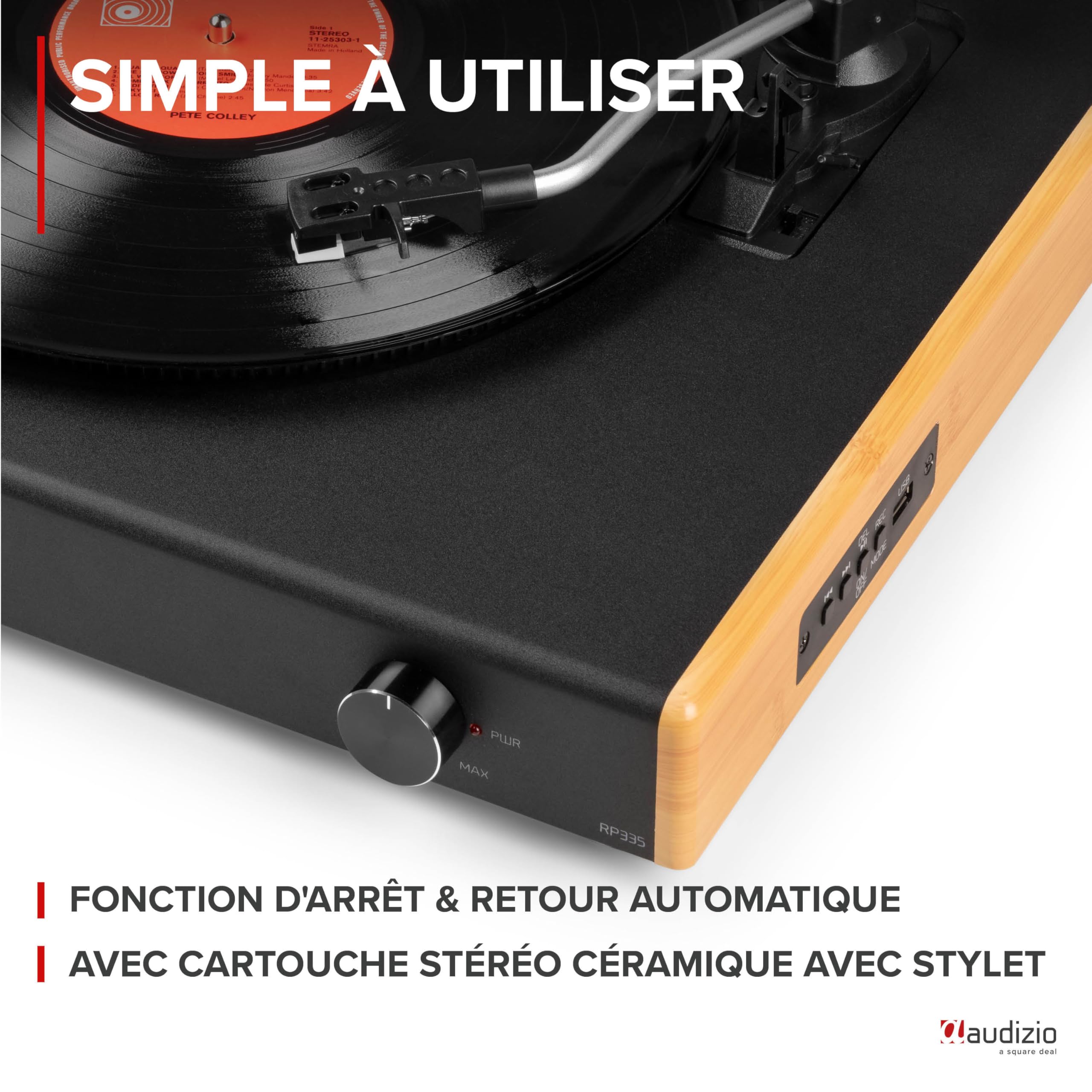 Audizio RP335 Platine Vinyle Bambou BT avec Enceintes 2x40W, Design Élégant, Lecture USB, 3 Vitesses, Fonction Enregistreur, Idéal pour Les Audiophiles et Collectionneurs de Vinyles