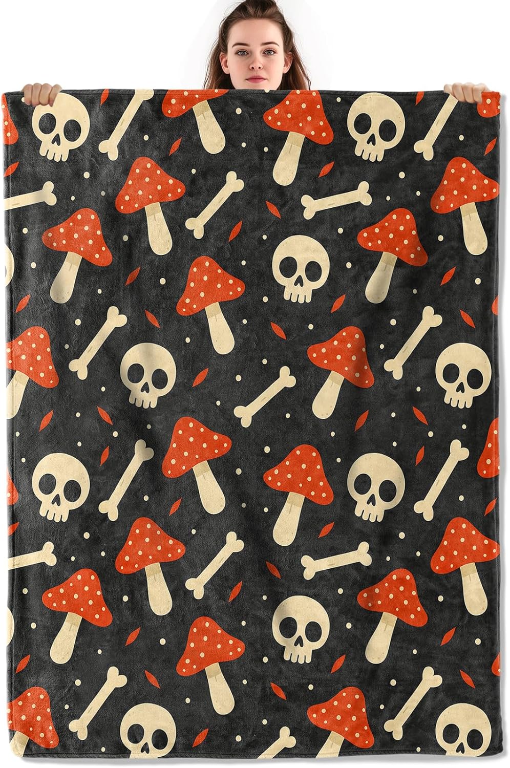 Spooky Mushroom Skull Throw Blanket, Lightweight Warm Flannel Blankets, Home Decor and Gifts, Soft Cozy Throws for Women Men, 50"X60" for Bed Couch Travel Office
