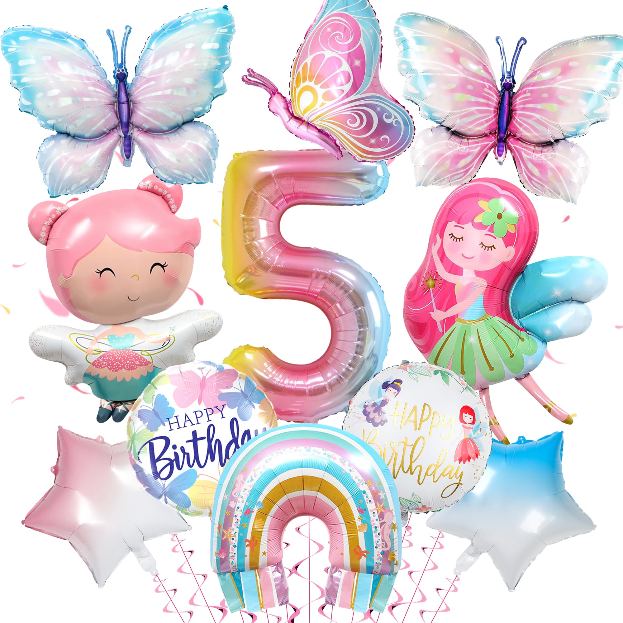 5 Folienballons Für Mädchengeburtstag – Feen, Schmetterlinge, Gänseblümchen, Inkl. Stern & Rundballon