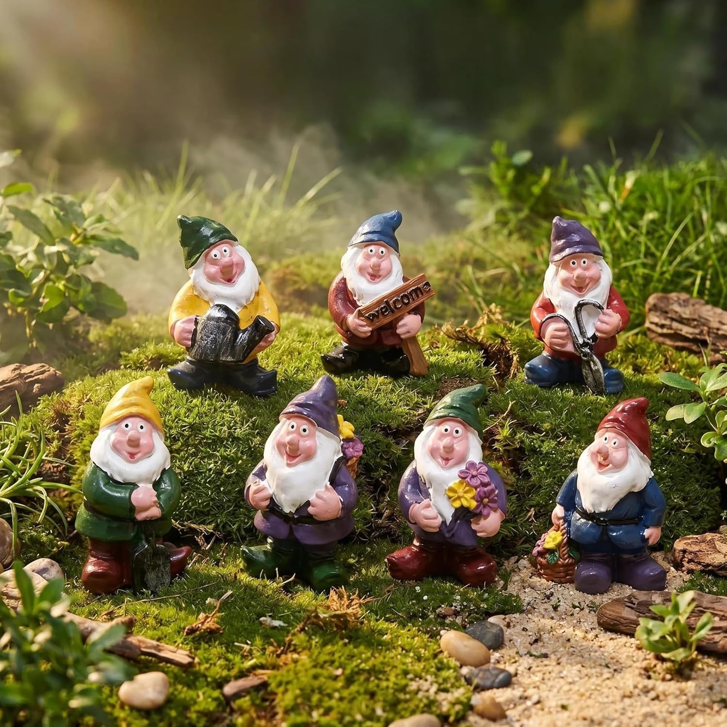 7 PCS Miniature Garden Gnome Statues, Mini Fairy Garden Gnomes Figurines, Micro Landscape Garden Ornaments Outdoor Small Gnomes for Patio, Lawn, Balcony, Porch, Flower Pot, Birthday Gift