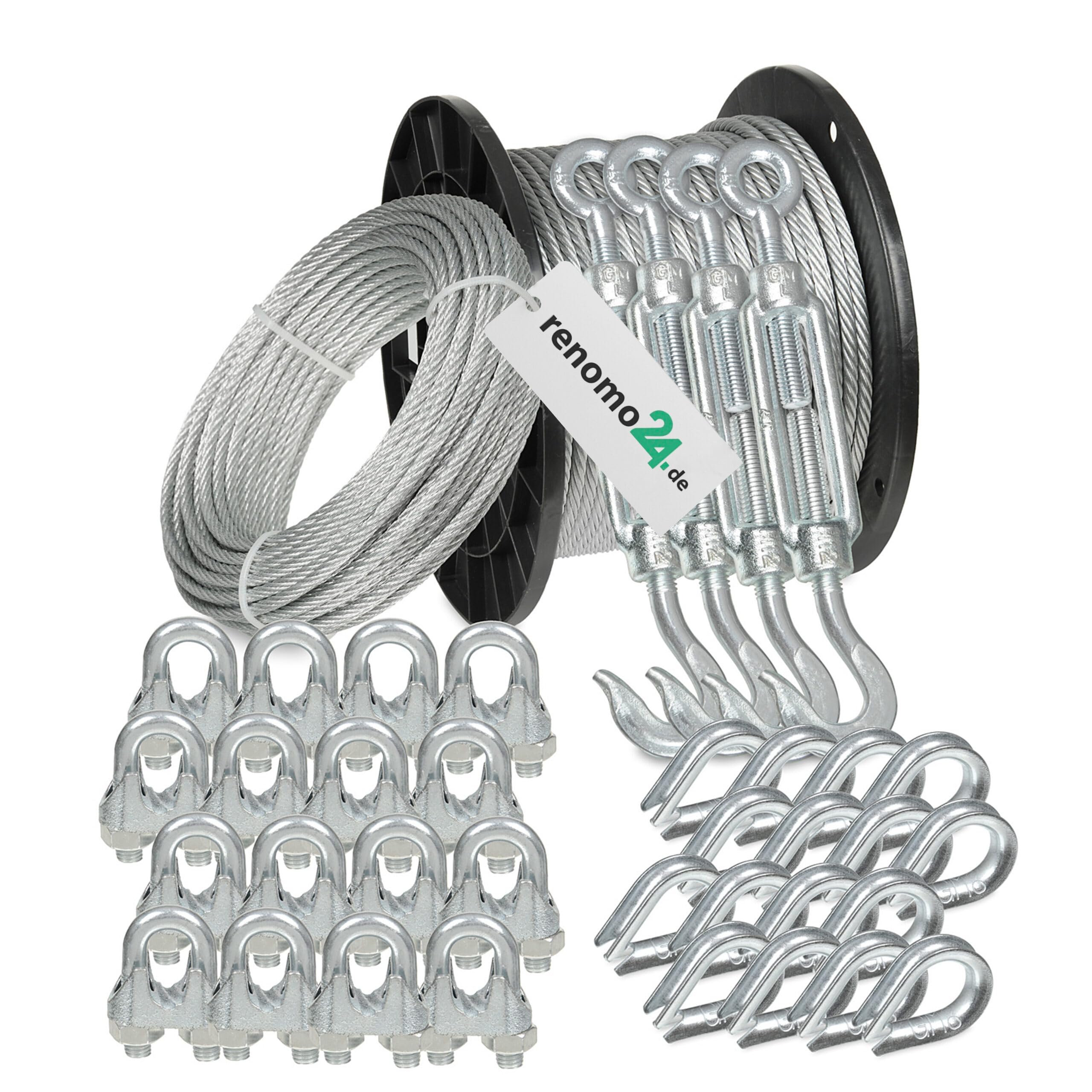 Drahtseil Set 6 - Stahlseil 50m 4mm 6x7 verzinkt, 4x Spannschloss Haken/Öse, 16x Bügelklemmen, 16x Kauschen