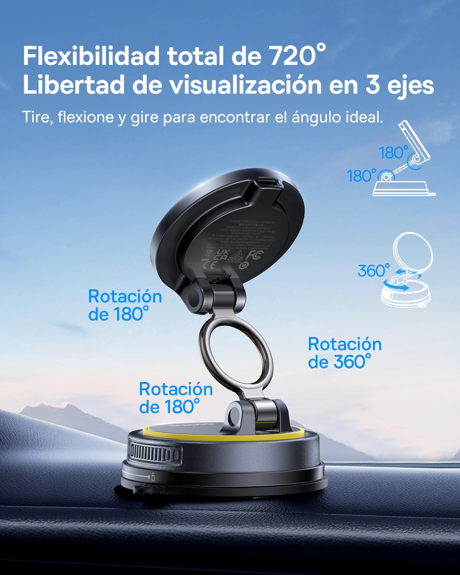Baseus VC2 Flex Pro 15W Cargador Inalámbrico Coche, Soporte Teléfono Móvil para Coche con Función de Carga, Flexibilidad de 720°, Sujeción Magnética de 35N para iPhone 17-12 Serie, Samsung