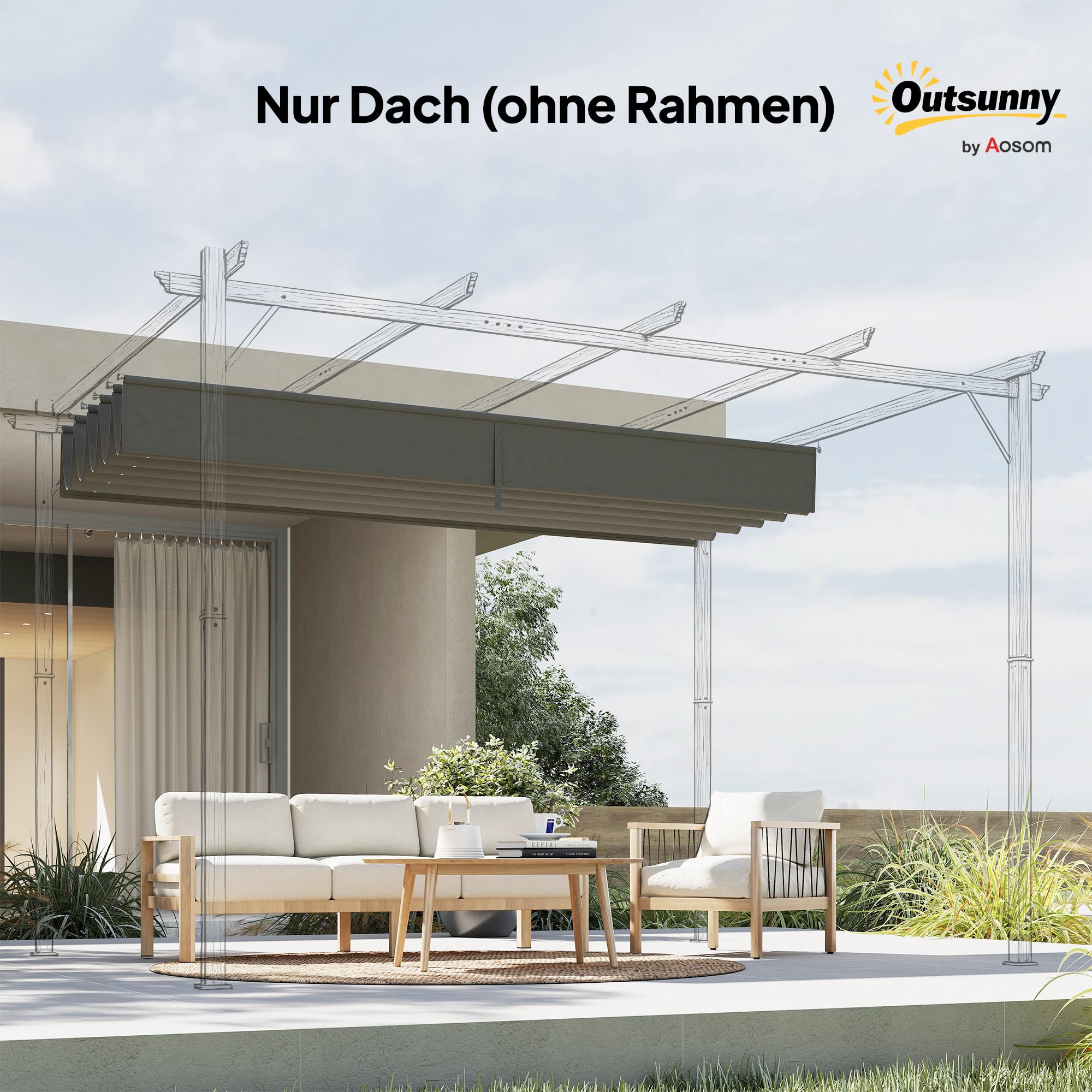 Outsunny Ersatzdach für 4 x 3 m Pergola, wasserdicht einziehbar Welle Überdachung mit Regenabflusslöchern, NUR Schattenabdeckung für Garten, Terrasse, 350 x 260 cm Hellgrau