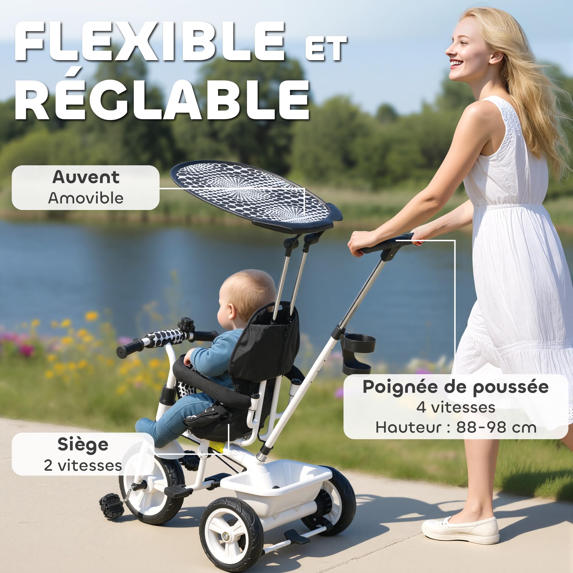 HOMCOM Tricycle Enfants Pare-Soleil Pliable Canne Amovible Benne Rangement 105 x 47 x 98 cm Acier Blanc et Noir