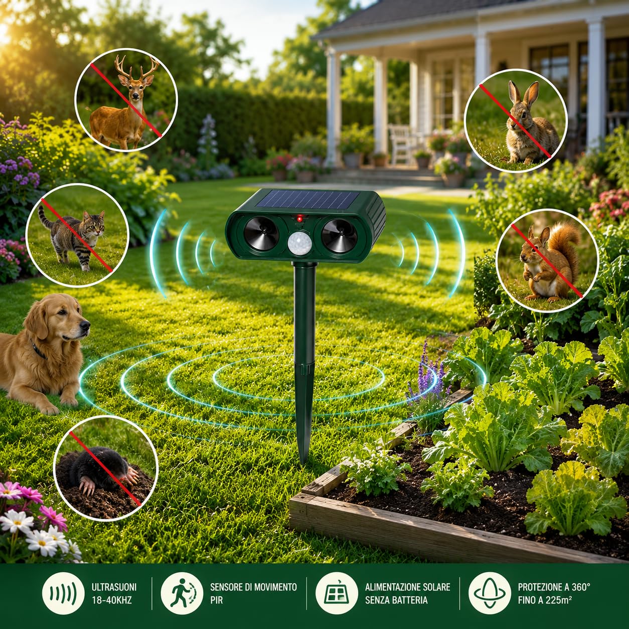 SONICFIELD Ultrasuoni per Piccioni Solare con Sensore PIR, Dissuasore per Uccelli e Volatili, Spaventa Piccioni da Balcone, Repellente per Giardino contro Gatti, Cani, Talpe e Scoiattoli, 225m²