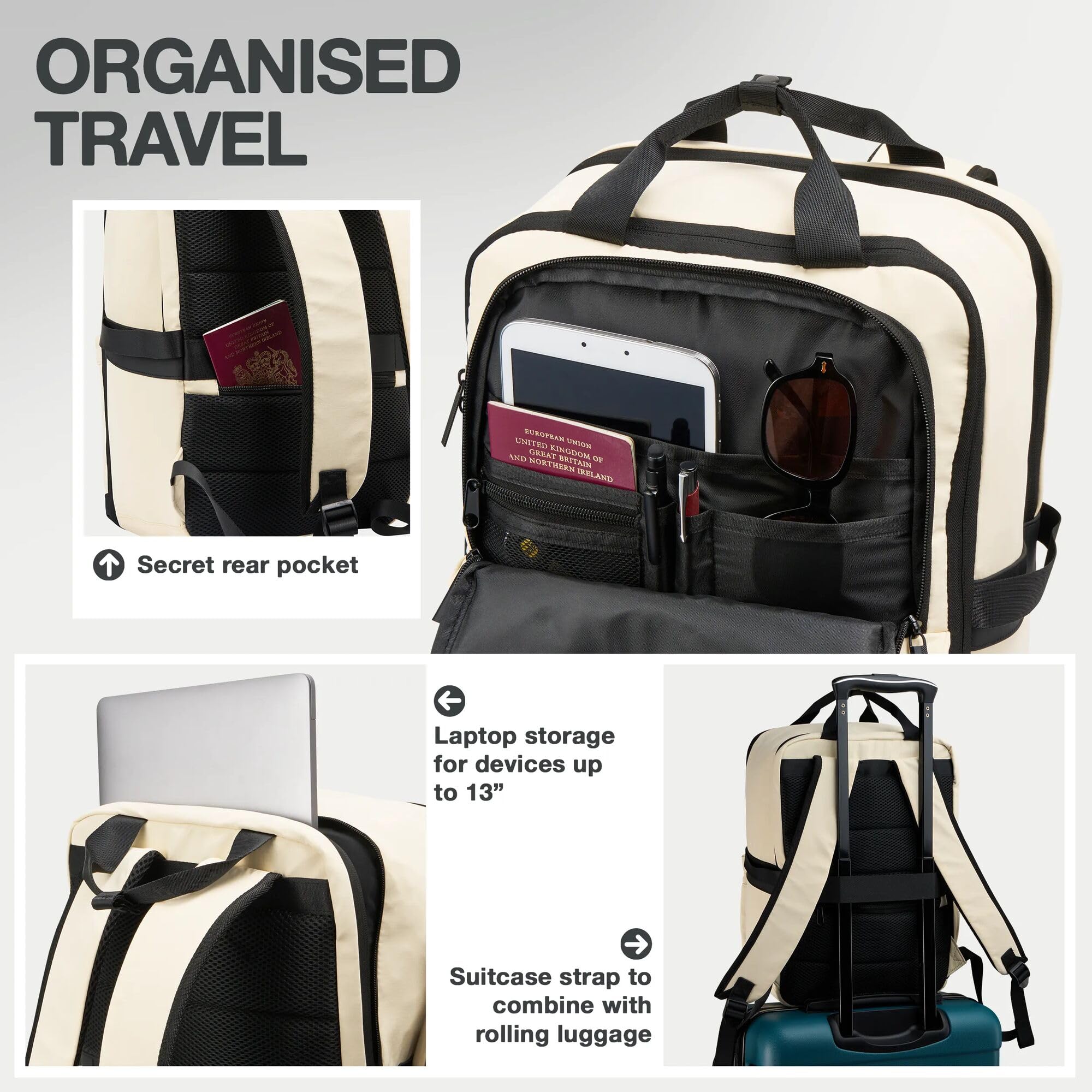Ryanair - Maletas de cabina de 40 x 30 x 20 cm, mochila de viaje, bolsa de equipaje de mano, mochila aprobada por vuelos para viajes al aeropuerto para EasyJet, Wizz Air, Blanco, 40x30x20 Centimeters