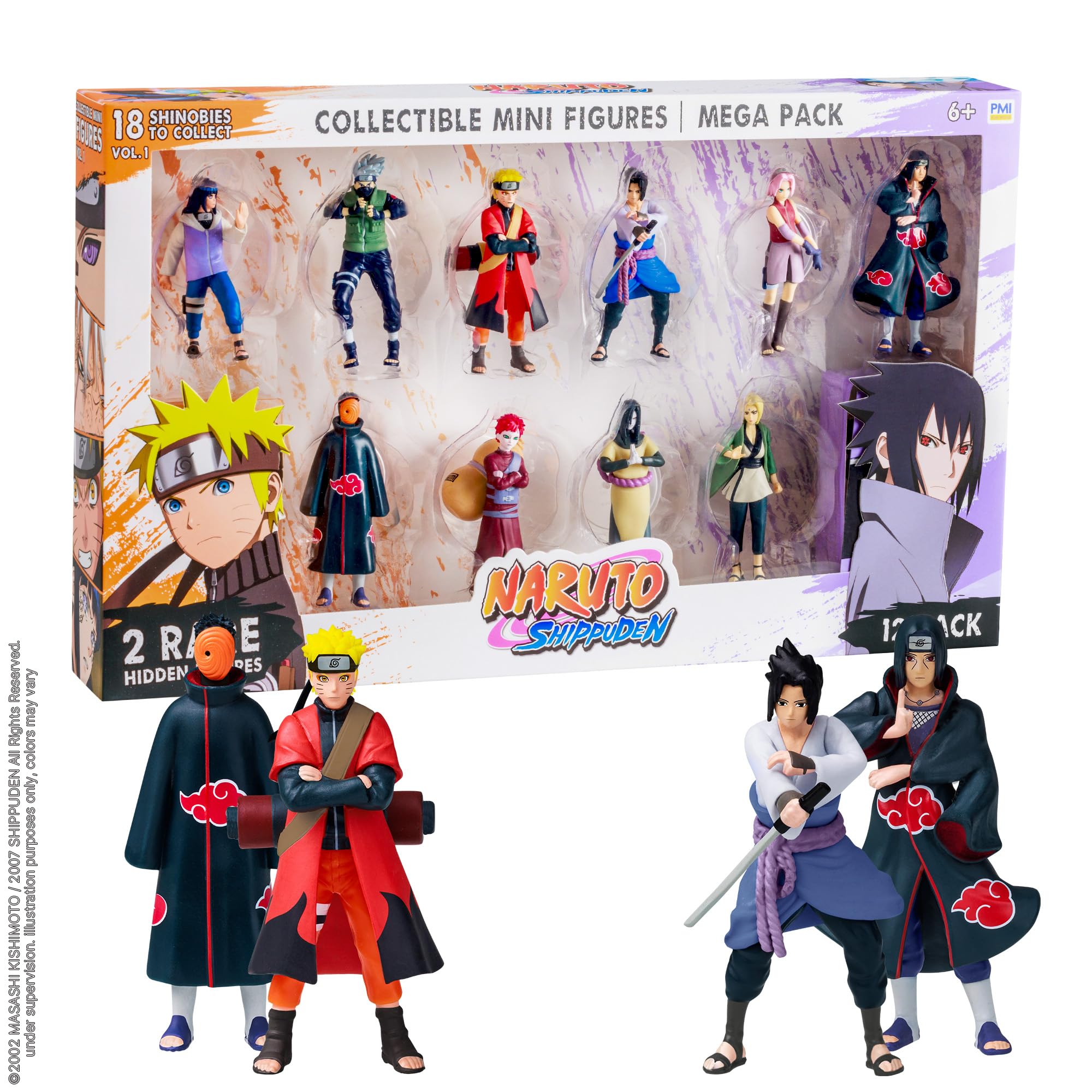 P.M.I. Naruto Shippuden Collectible Mini Figures 12 Pack Deluxe Box | Anime Toy Set Featuring Team 7 Ninjas, Akatsuki, Legendary Sannin & Hidden Rare Shinobi (Assortment B)