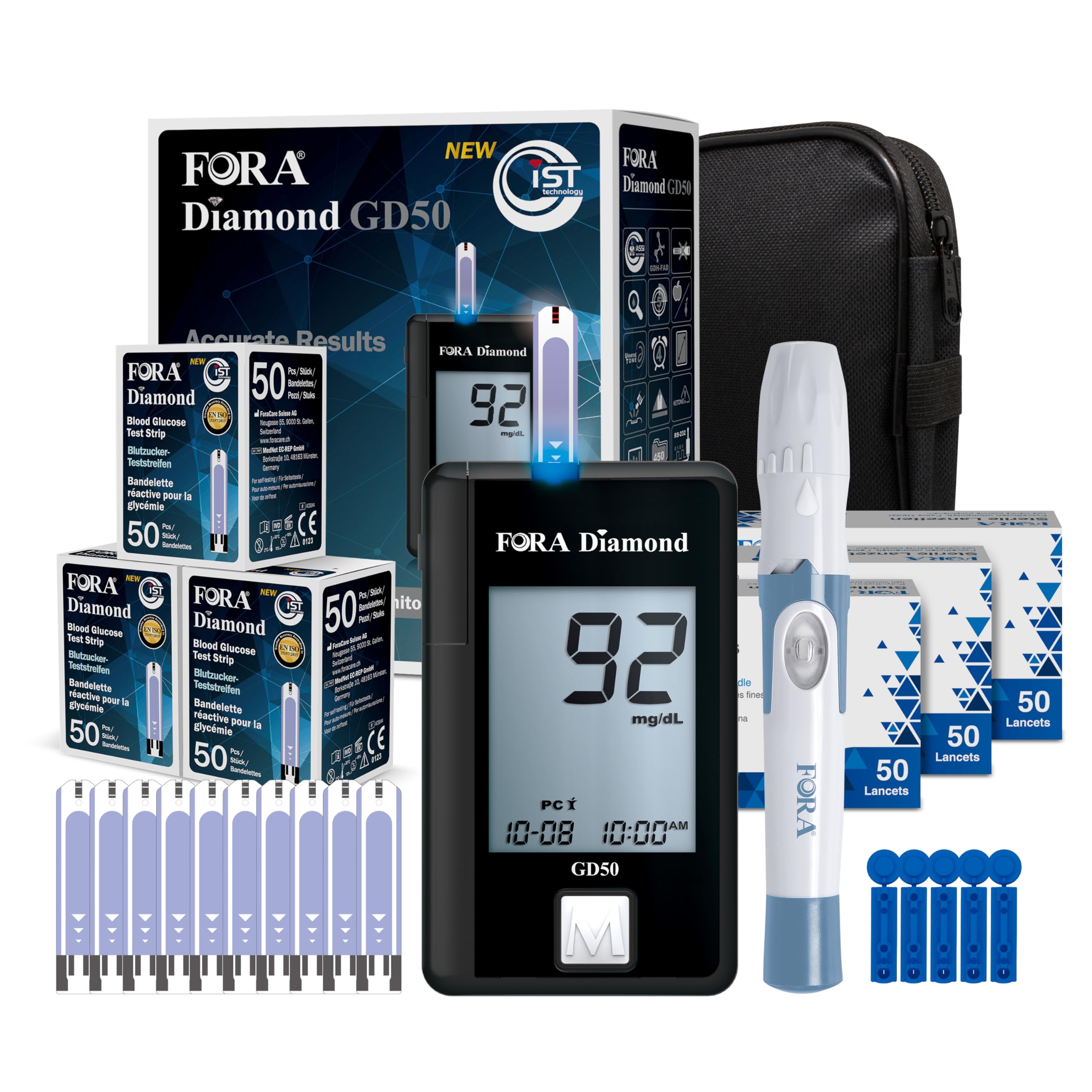 FORA Diamond GD50 Blood Glucose Meter with 160 Test Strips - High Accuracy, Fast Results and Easy to Read Display