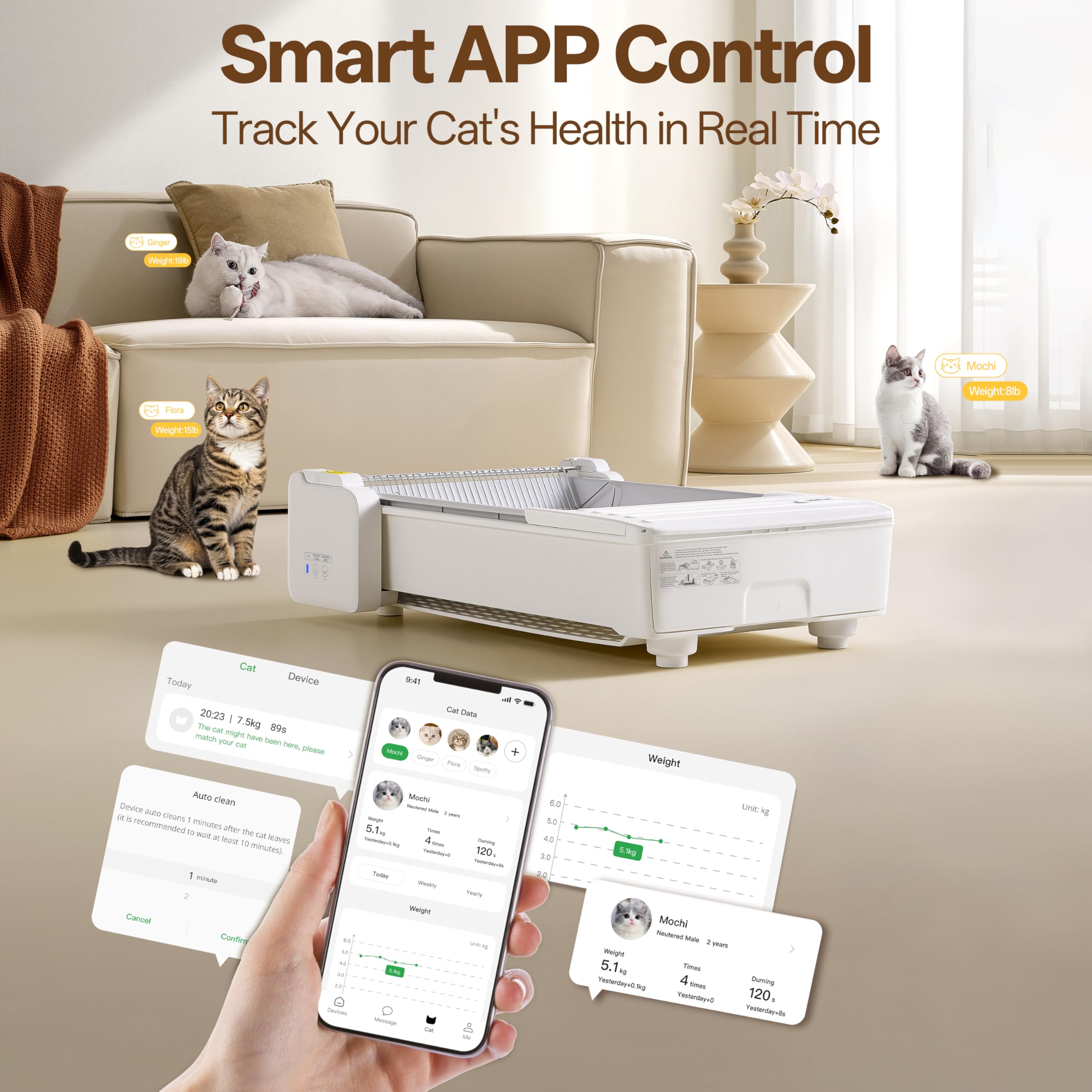 UBPET Lettiera automatica per gatti, lettiera autopulente aperta per più gatti, protezione di sicurezza con sensori di peso, controllo APP intelligente, smaltimento dei rifiuti inodore, funziona con
