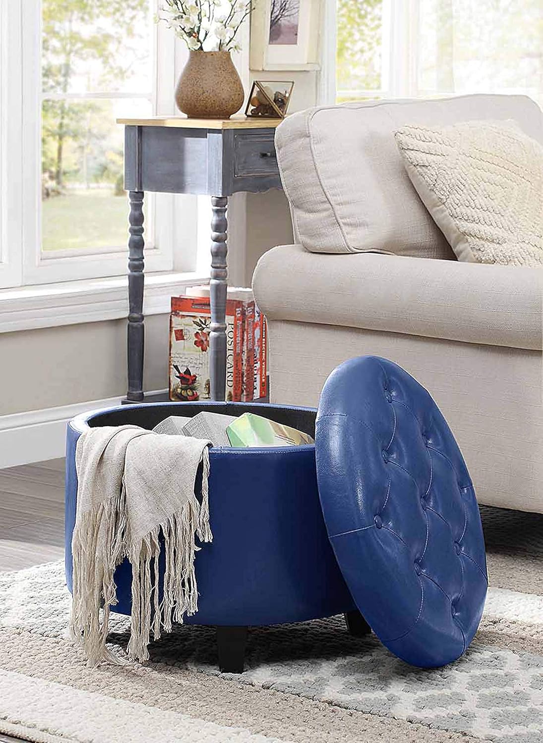 Convenience Concepts Designs4Comfort Storage Ottoman, Blue Faux Leather